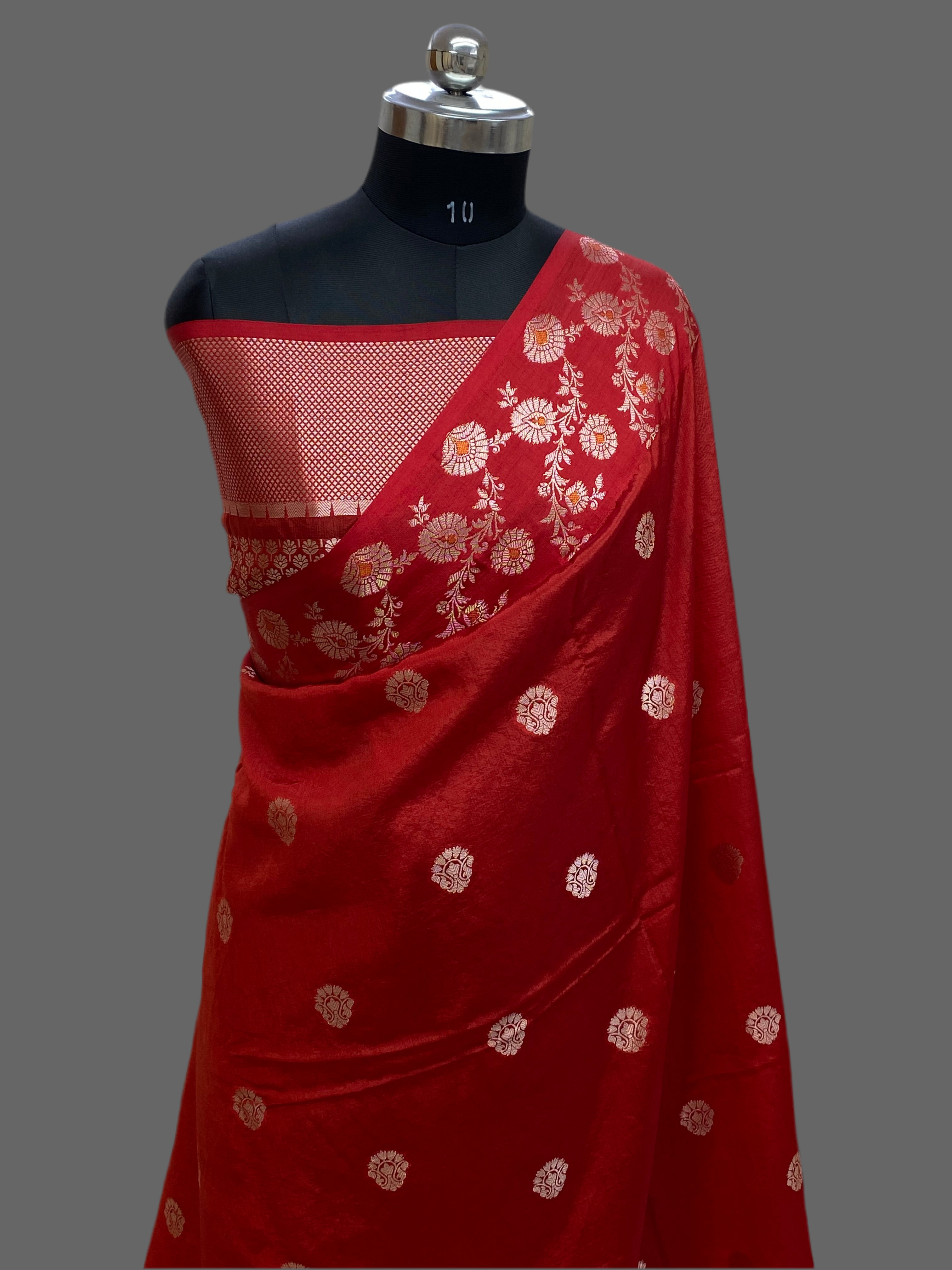 Red Row Mango Border Buta Banarasi Saree with Golden Zari