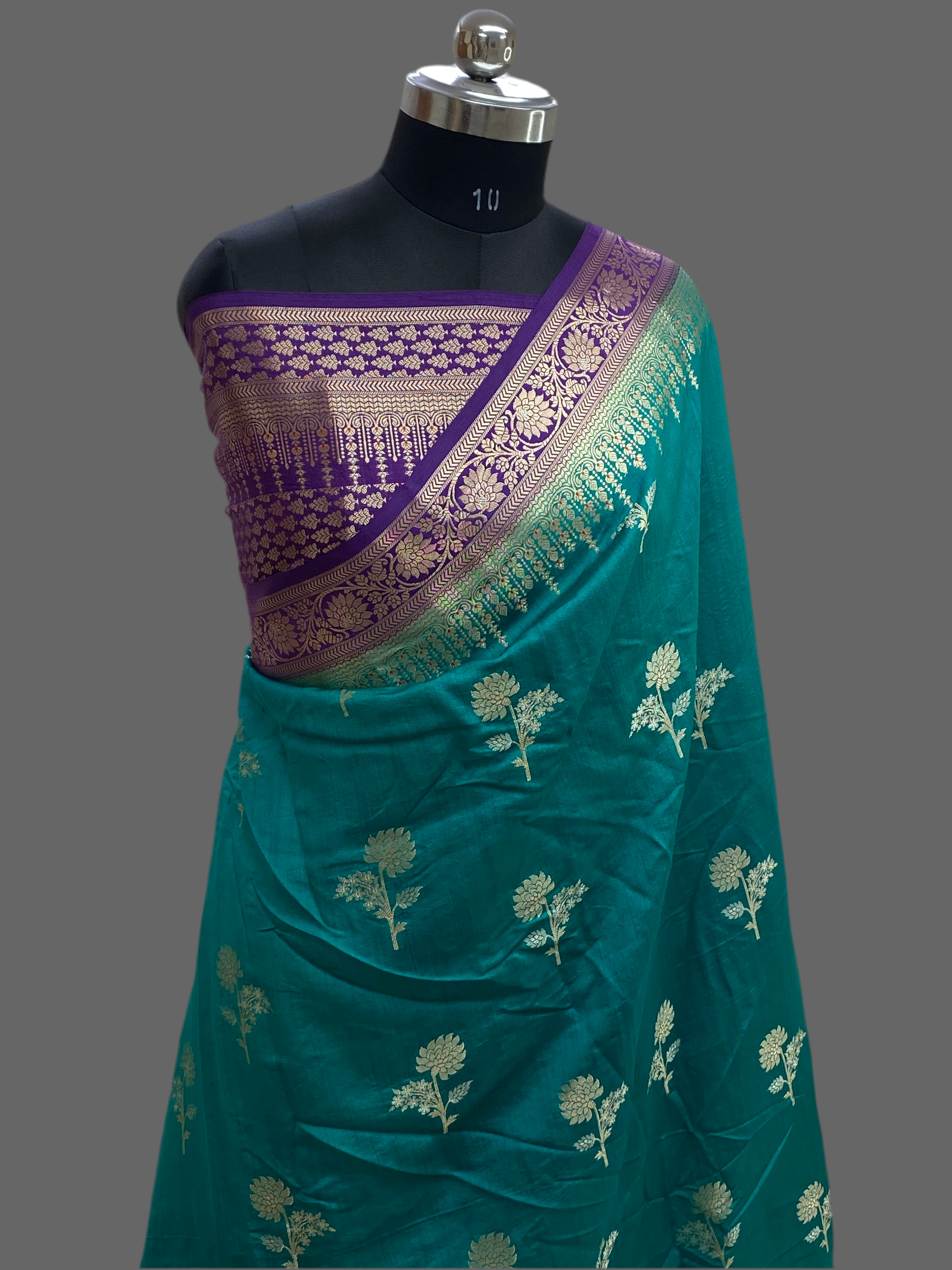 Teal Blue Raw Mango Border Buta with Golden Zari Banarasi Saree