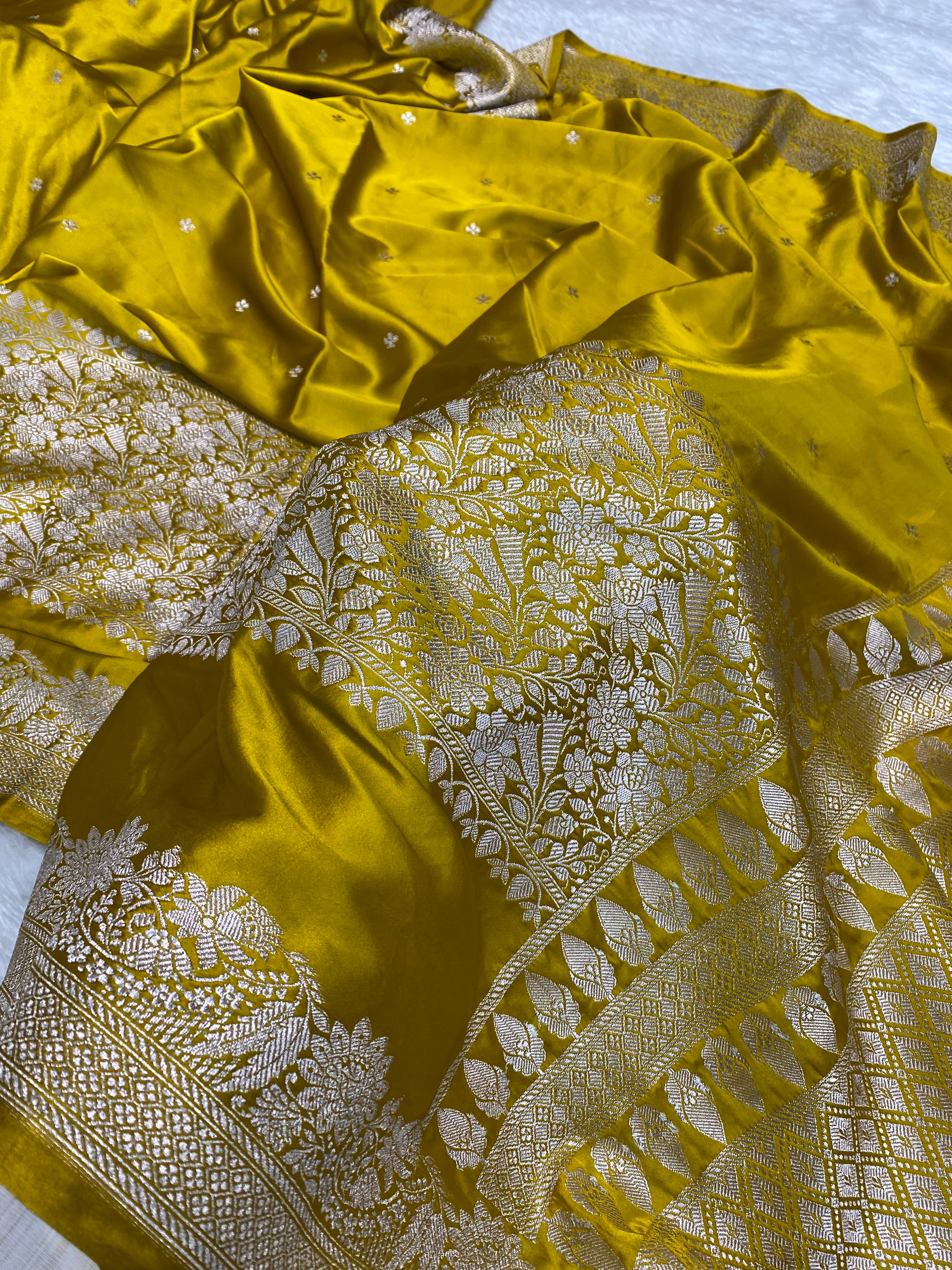 Mustard yellow premium mashru silk banarasi saree