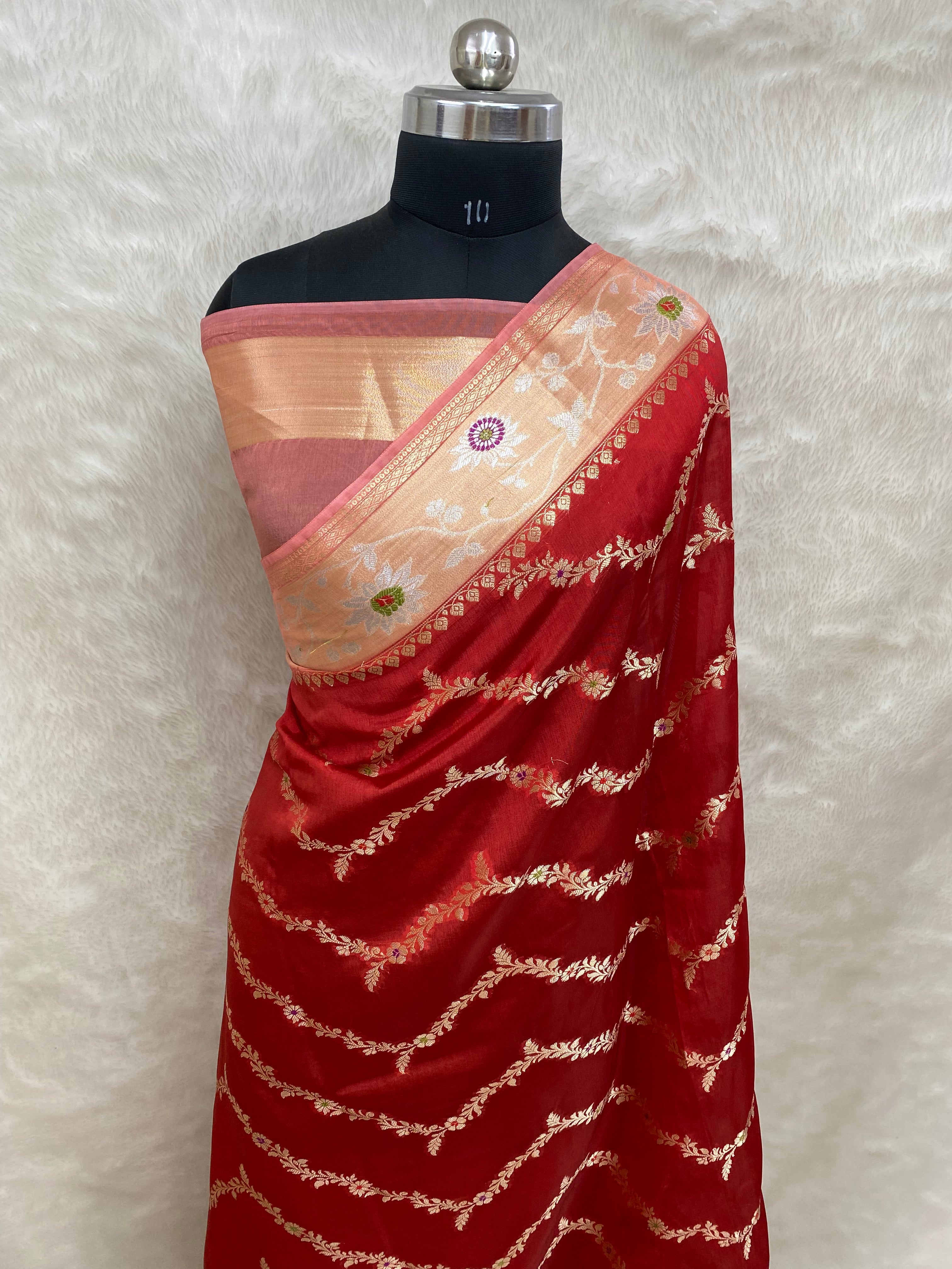 Red raw mango Banarasi saree