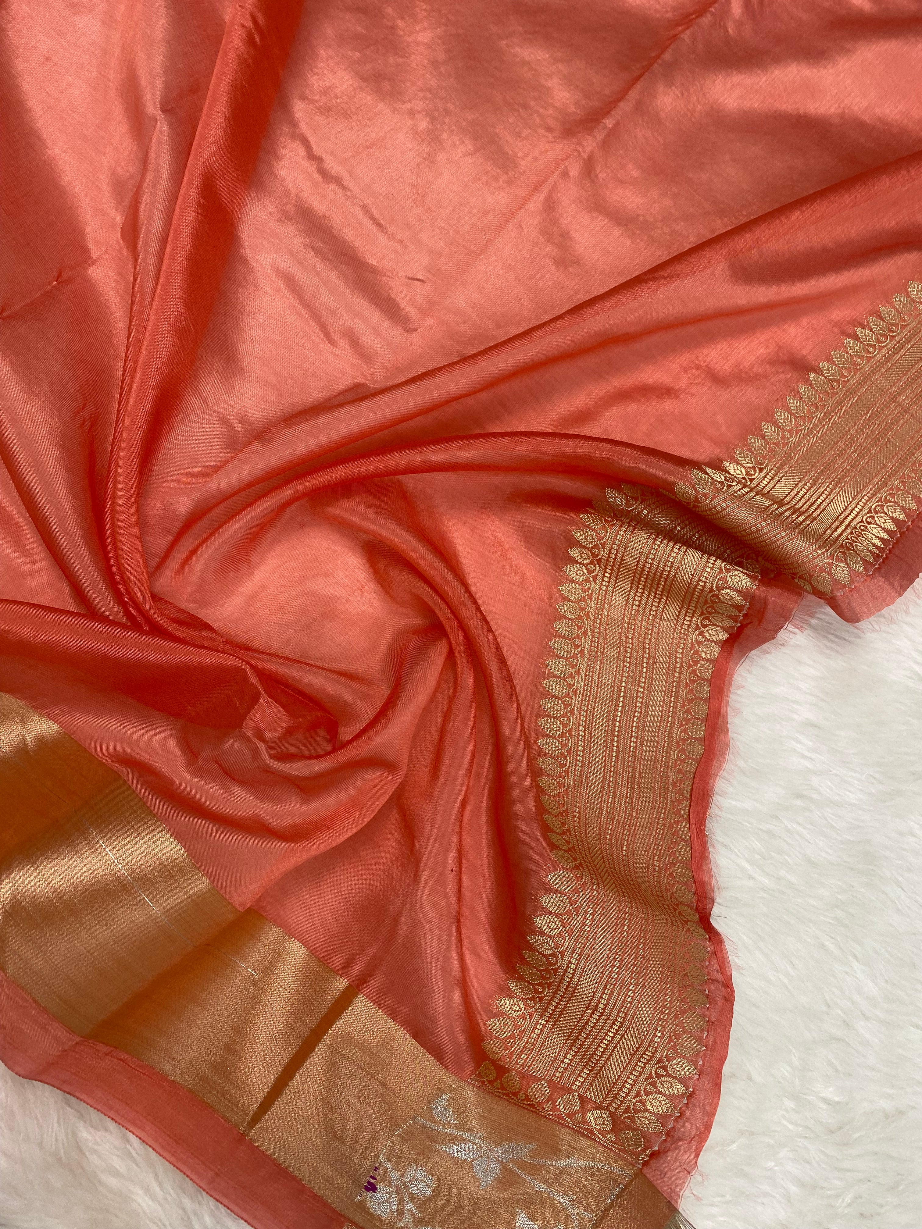 Peach semi Raw mango Banarasi saree