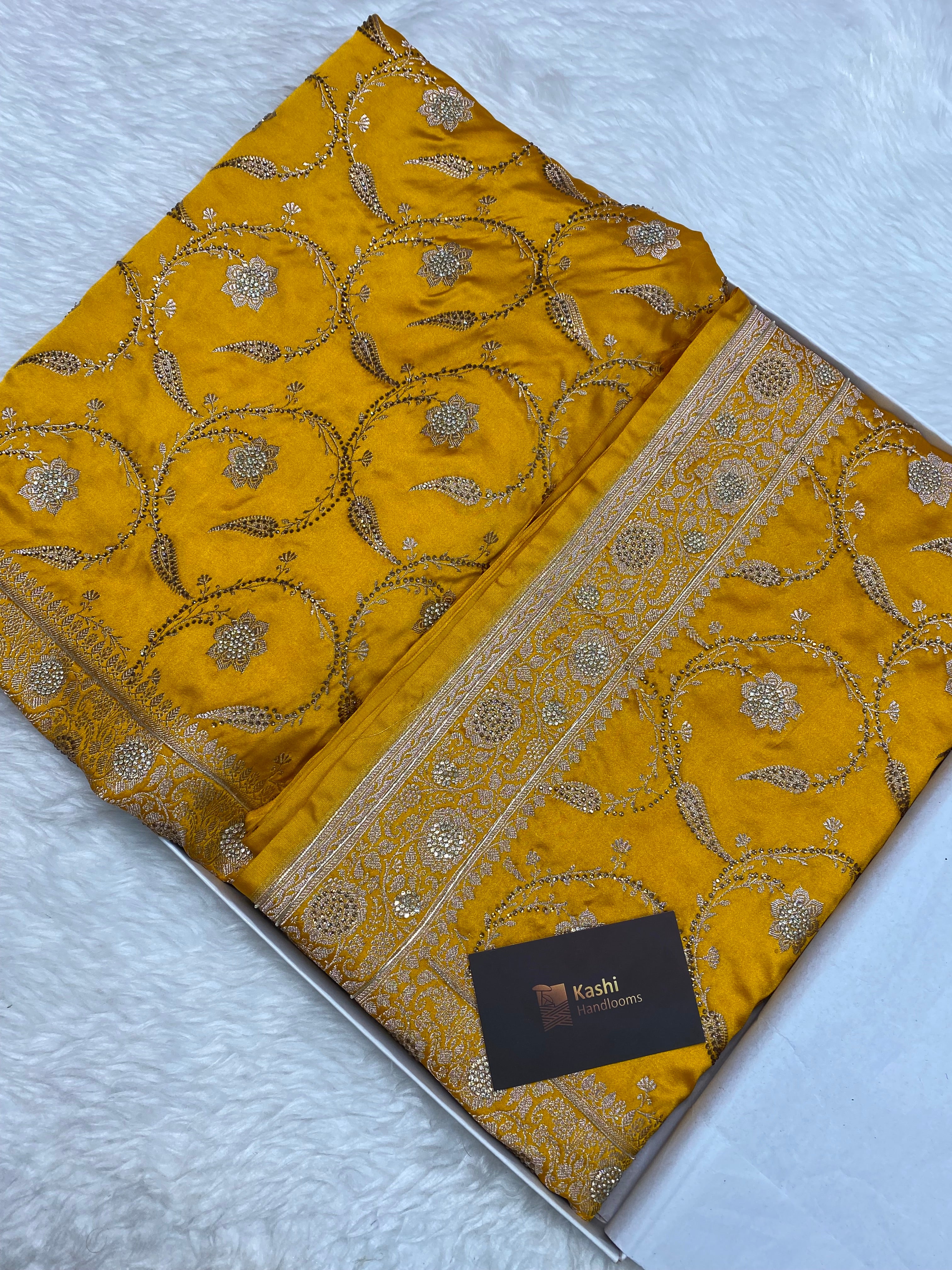 Mustard colour Premium mashru silk banarasi saree with handwork