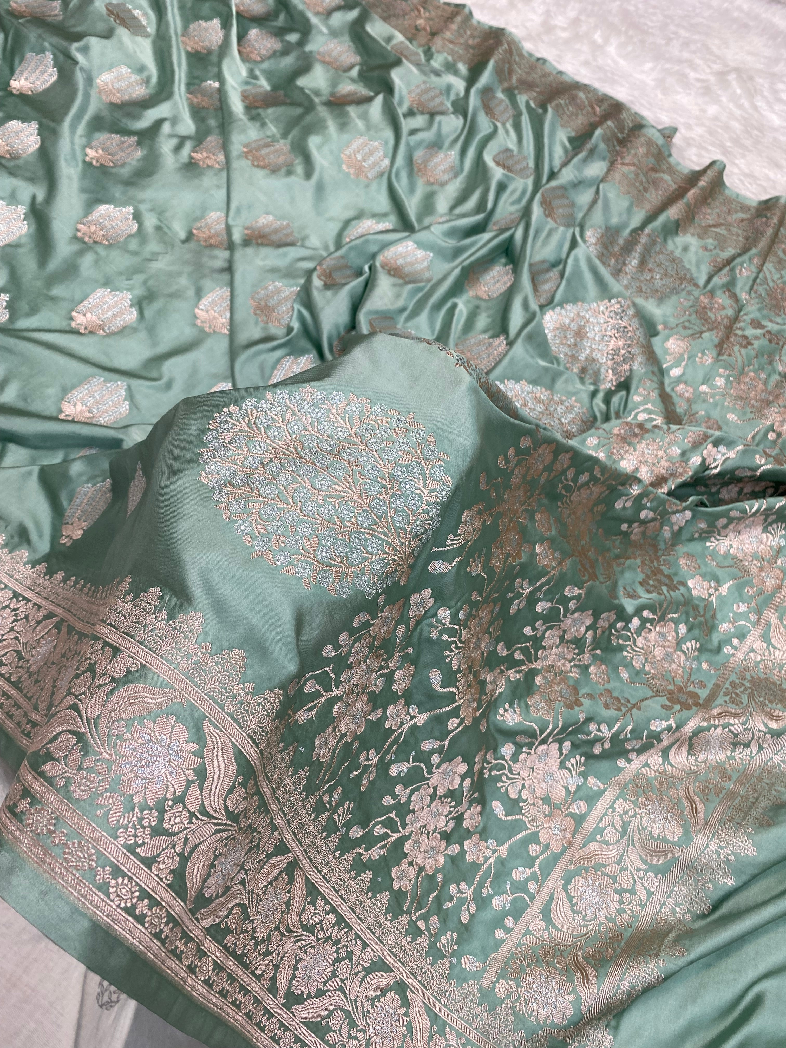 Sea Green Mashru Silk Banarasi Saree with buta