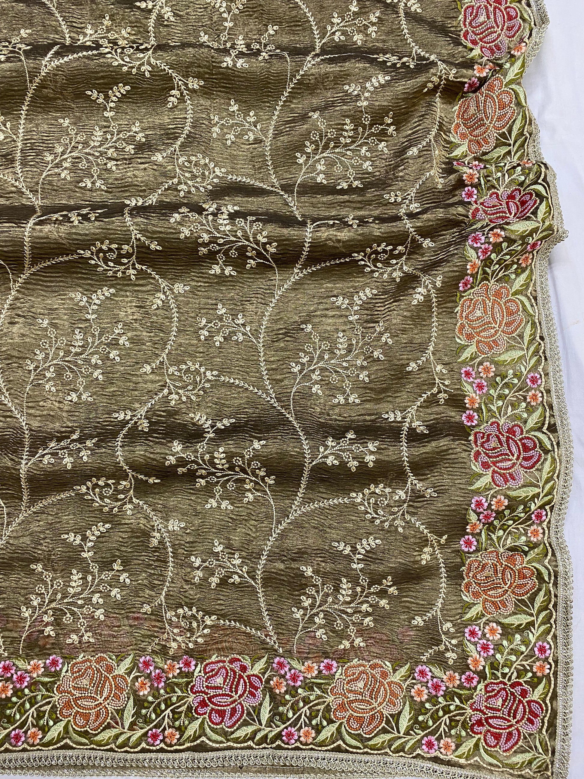Pure Tissue Silk with hand Lace work Embroidery Banarasi Saree