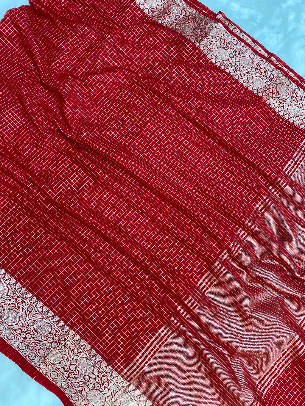 Red Cotton Check Banarasi Saree