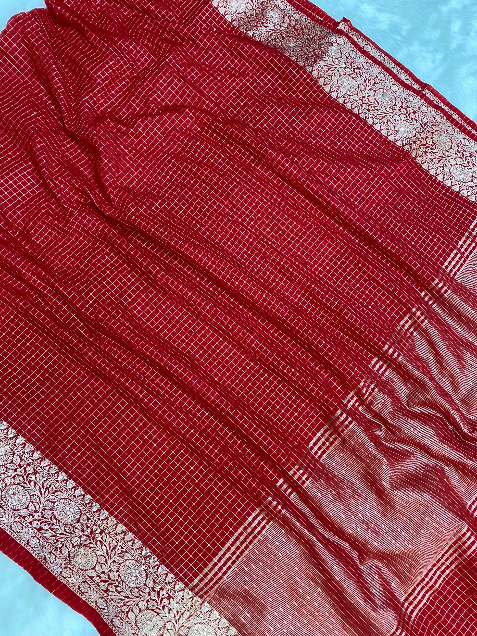 Red Cotton Check Banarasi Saree