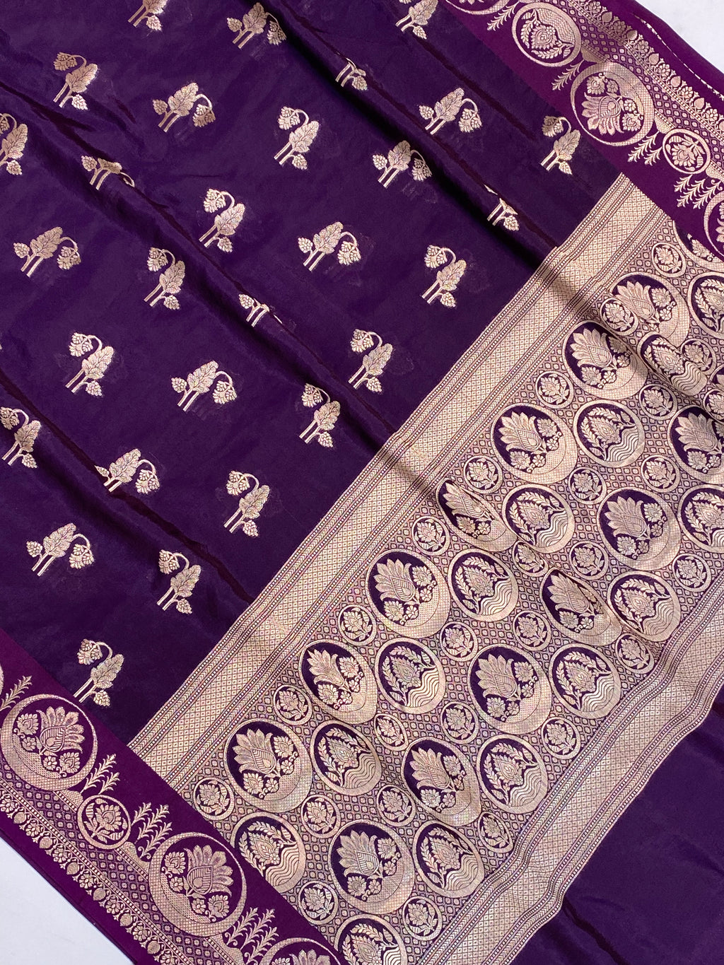 Royal Purple Raw Mango Border Buta with Golden Zari Banarasi Saree