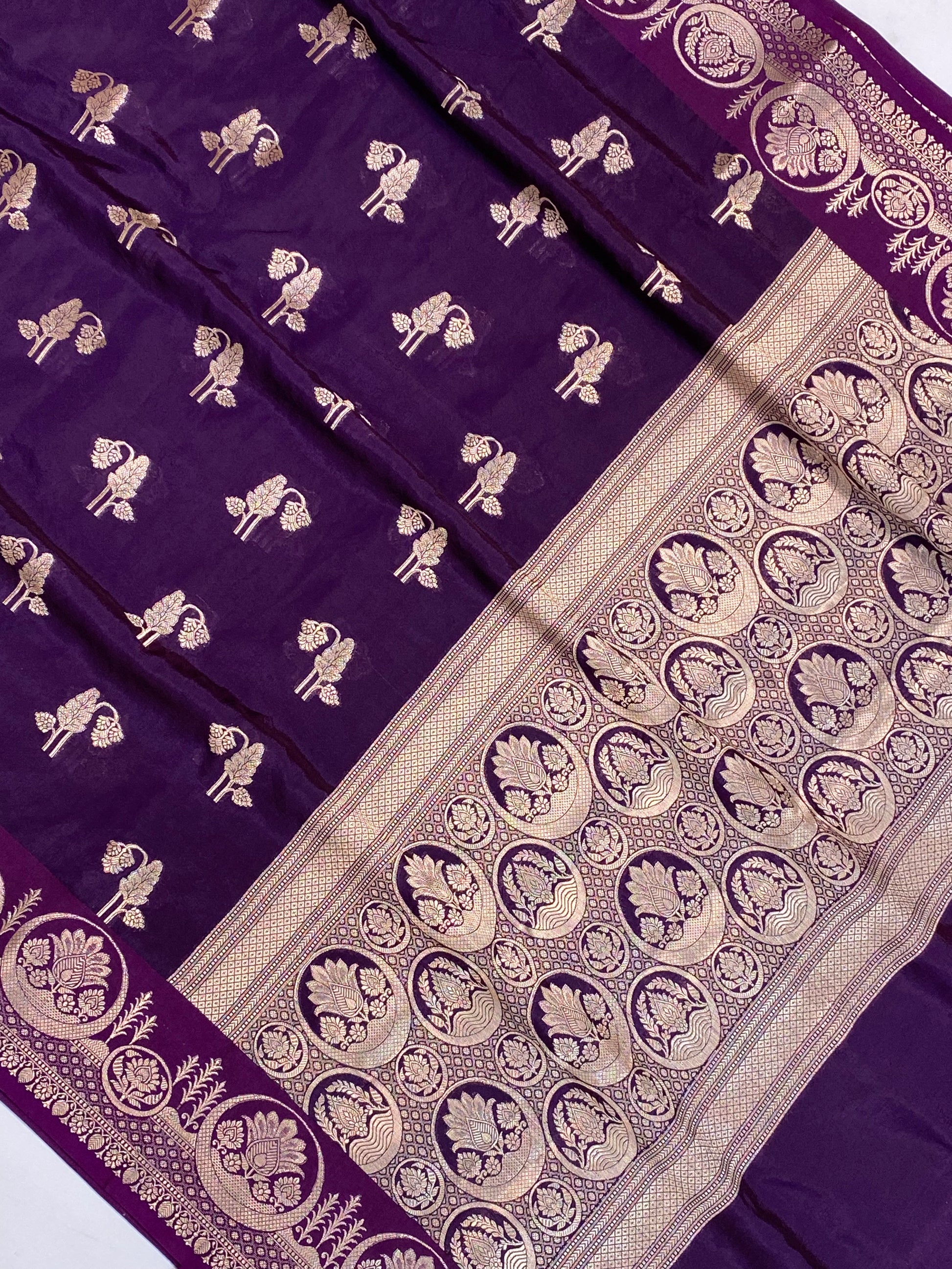Royal Purple Raw Mango Border Buta with Golden Zari Banarasi Saree