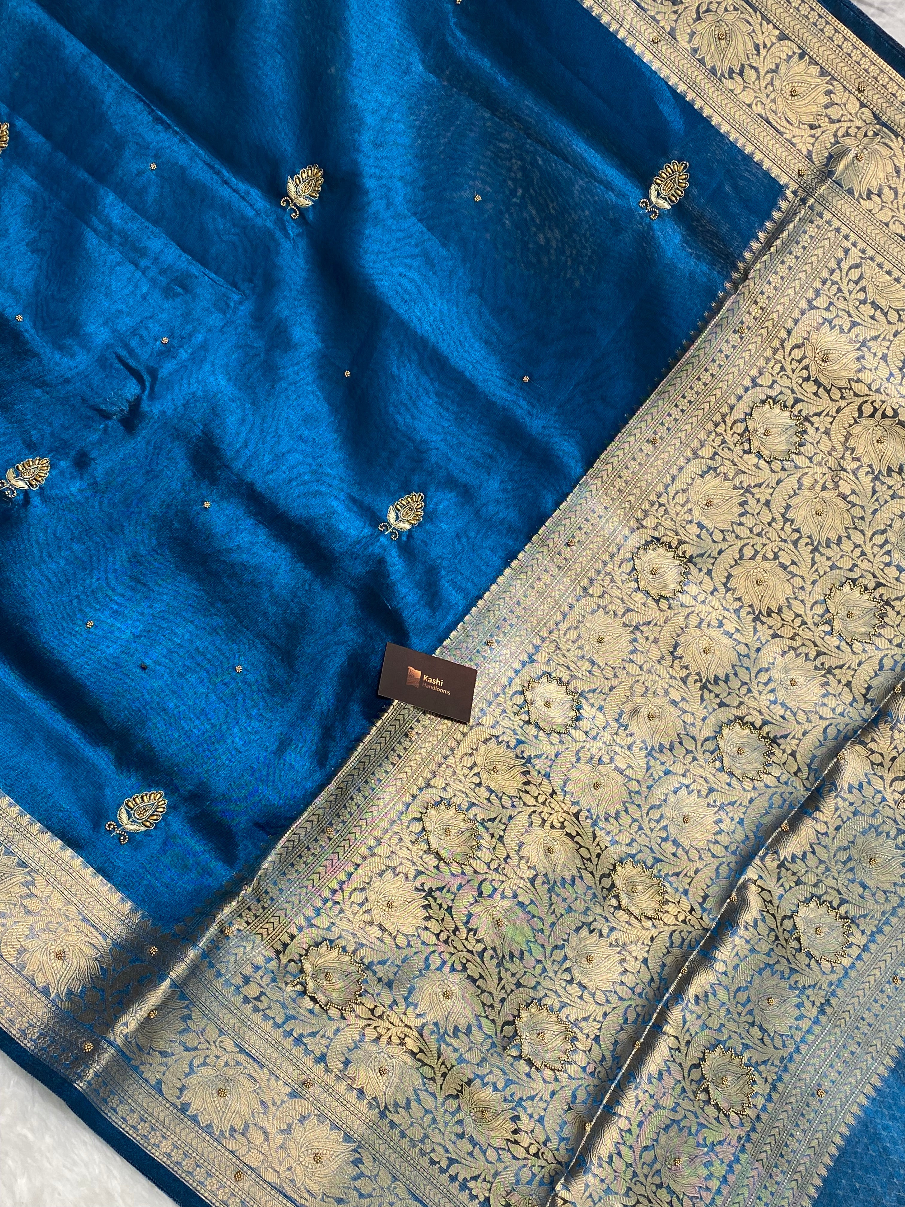 Premium blue colour Dhoop chaw tissue silk Banarasi saree with handwork