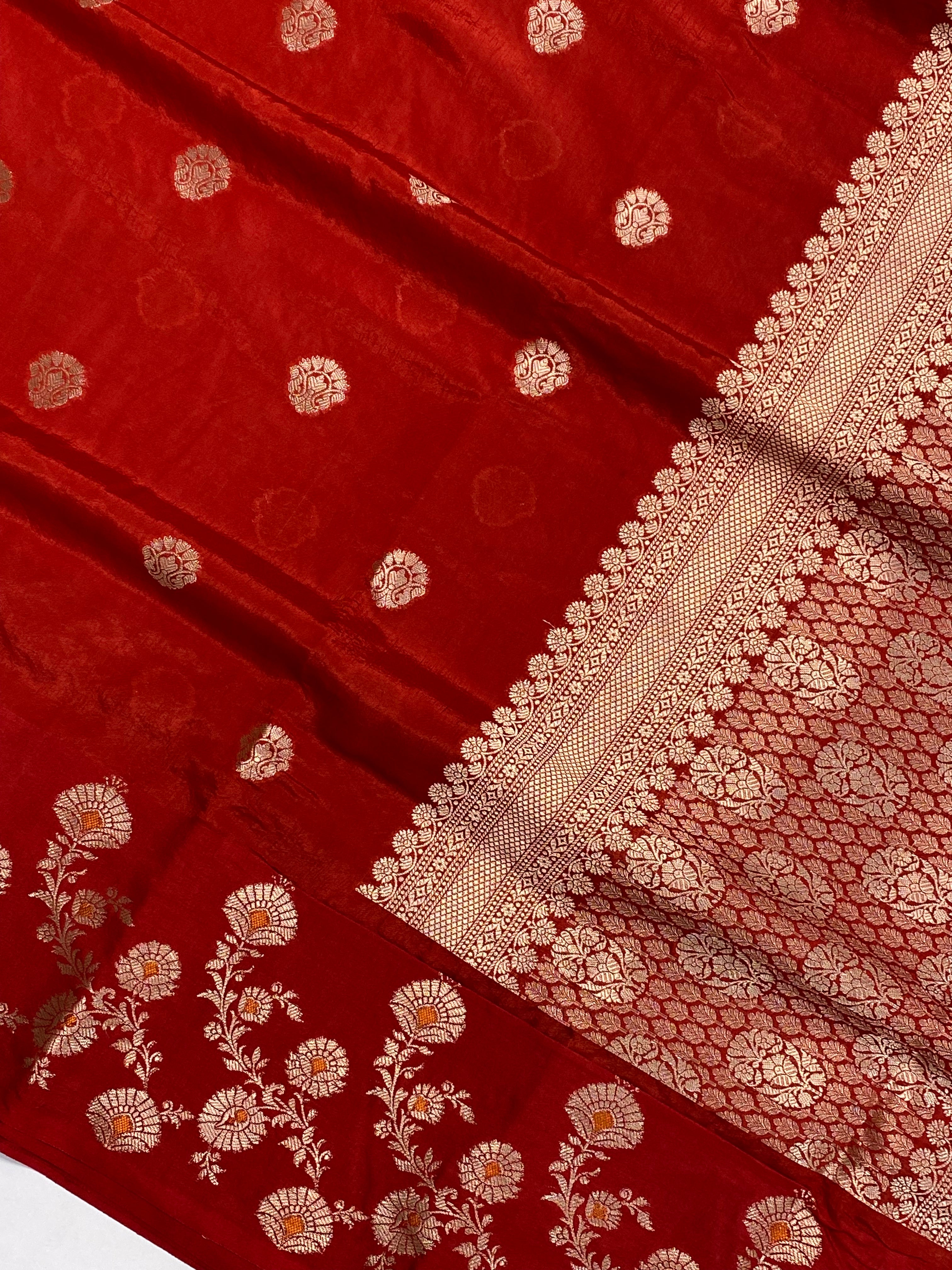 Red semi Raw Mango Border Buta Banarasi Saree with Golden Zari