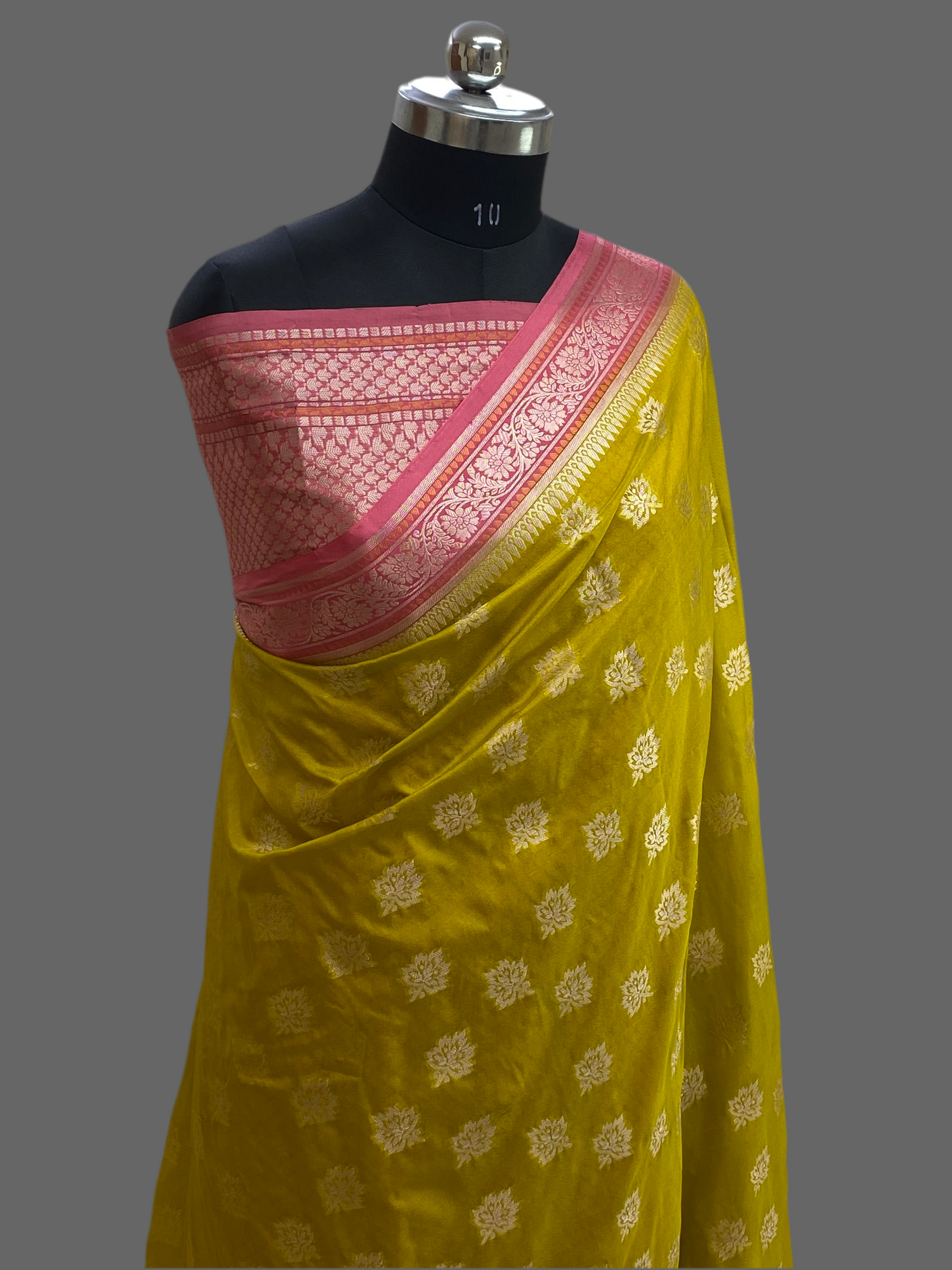 Yellow Munga Silk Border Buta Banarasi Saree with contrast boarder and pallu