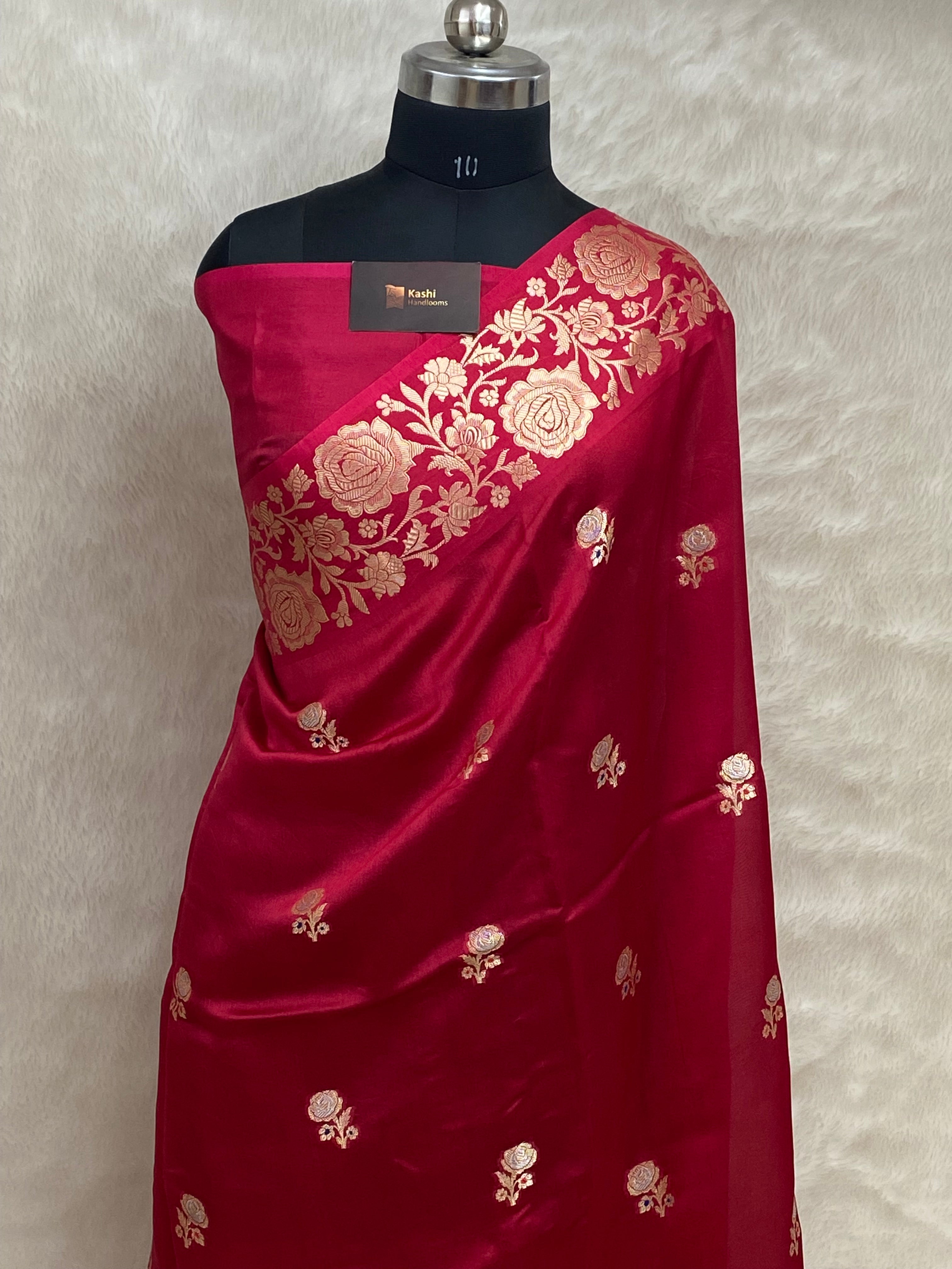 100% pure viscose Cherry Rani color Banarasi Saree