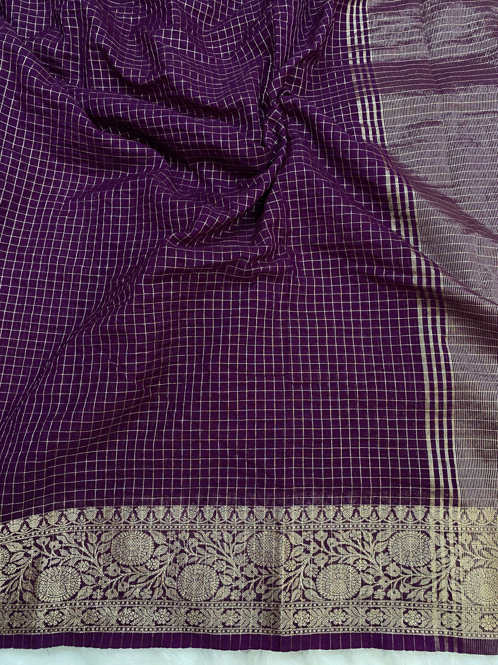 Magenta Fancy Check Cotton Banarasi Saree
