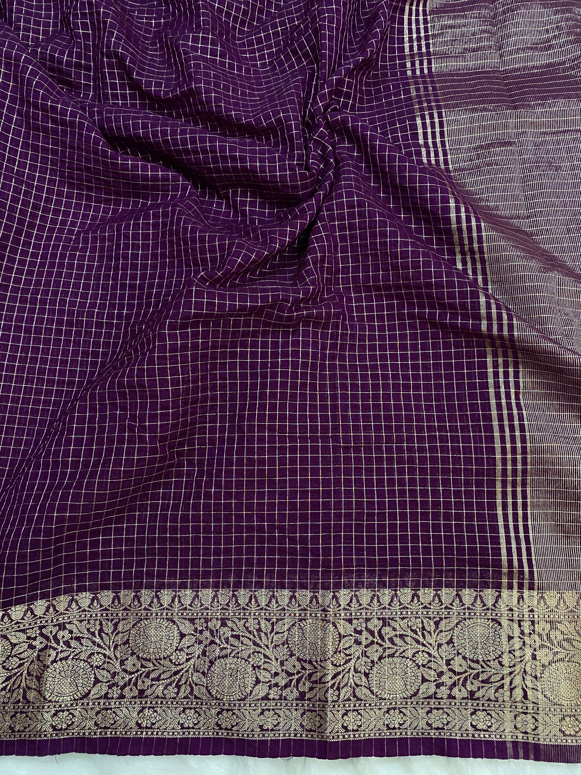 Magenta Fancy Check Cotton Banarasi Saree