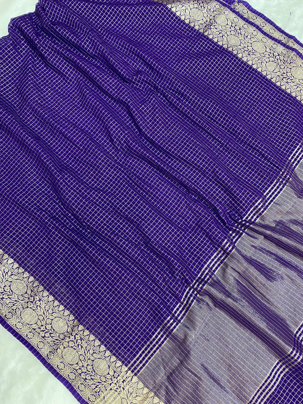 Purple Cotton Check Banarasi Saree