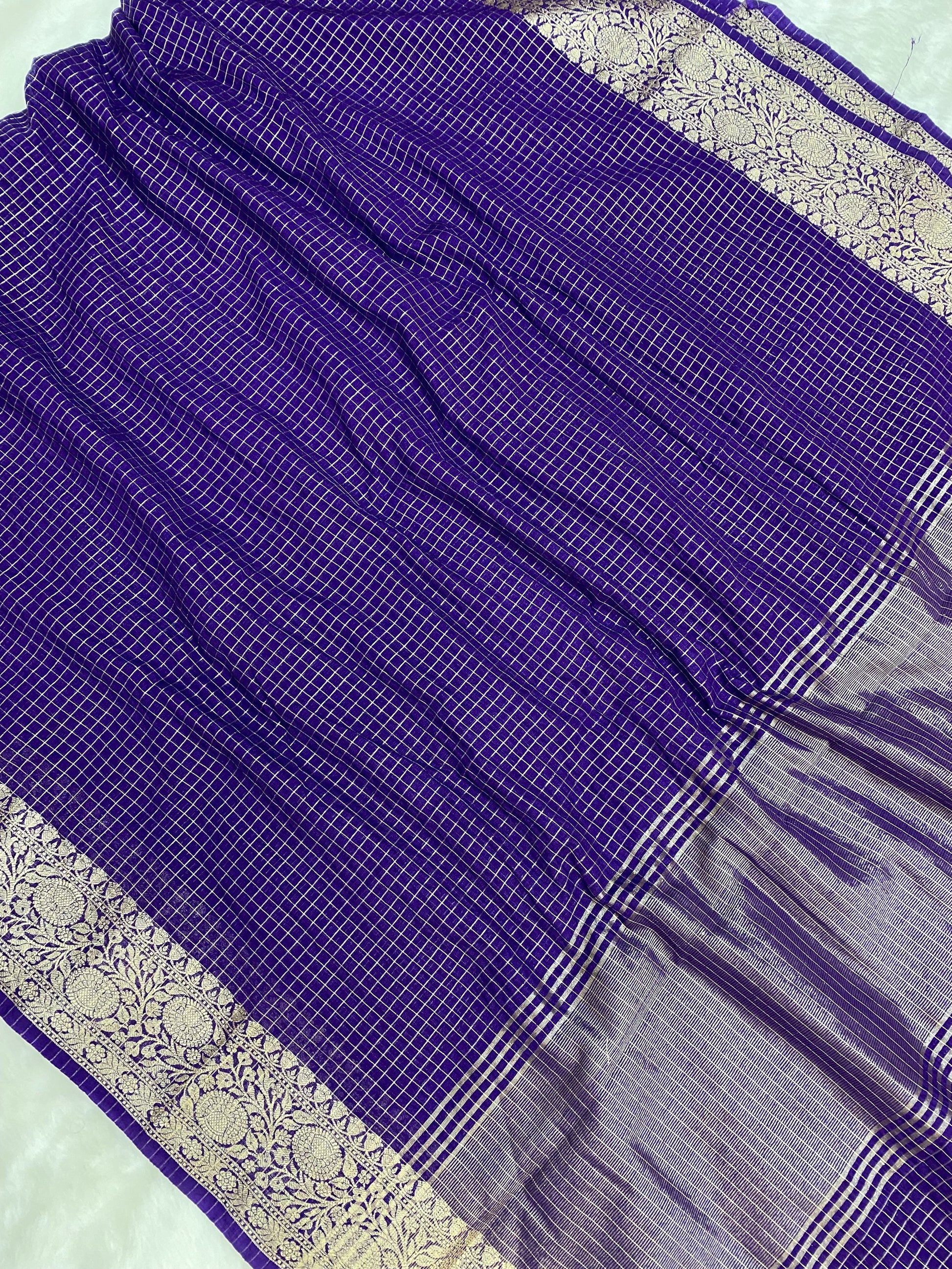 Purple Cotton Check Banarasi Saree