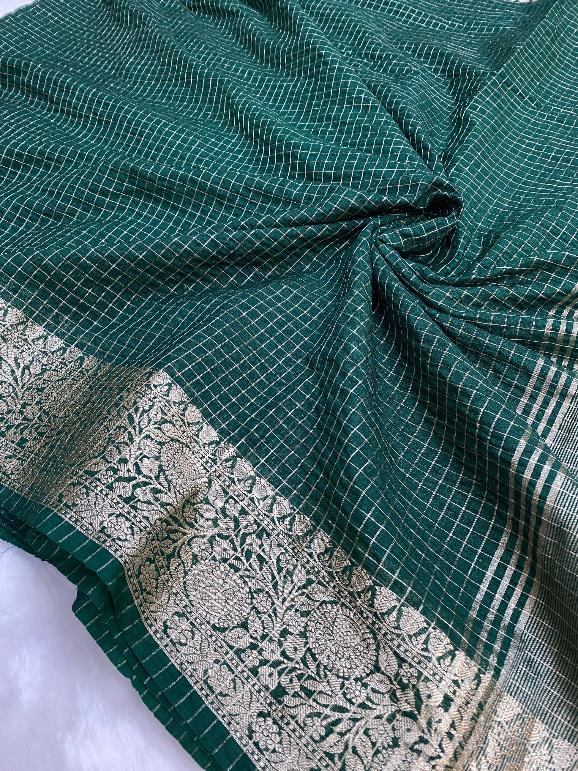 Green Cotton Check Banarasi Saree