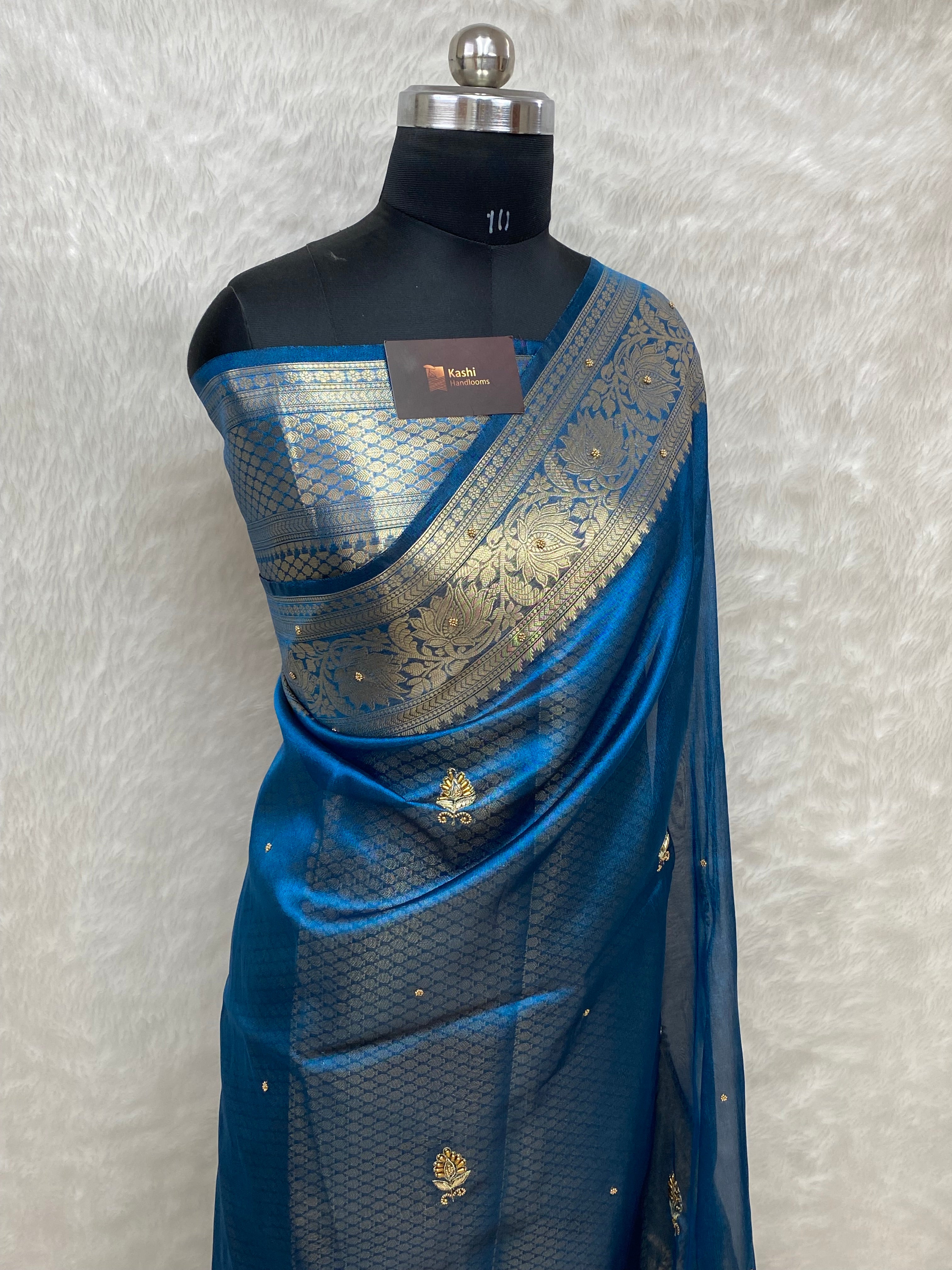 Premium blue colour Dhoop chaw tissue silk Banarasi saree with handwork