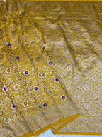 Yellow kinkhaab Mashru Silk Banarasi Saree – Golden Zari Floral & Meenakari Pattern