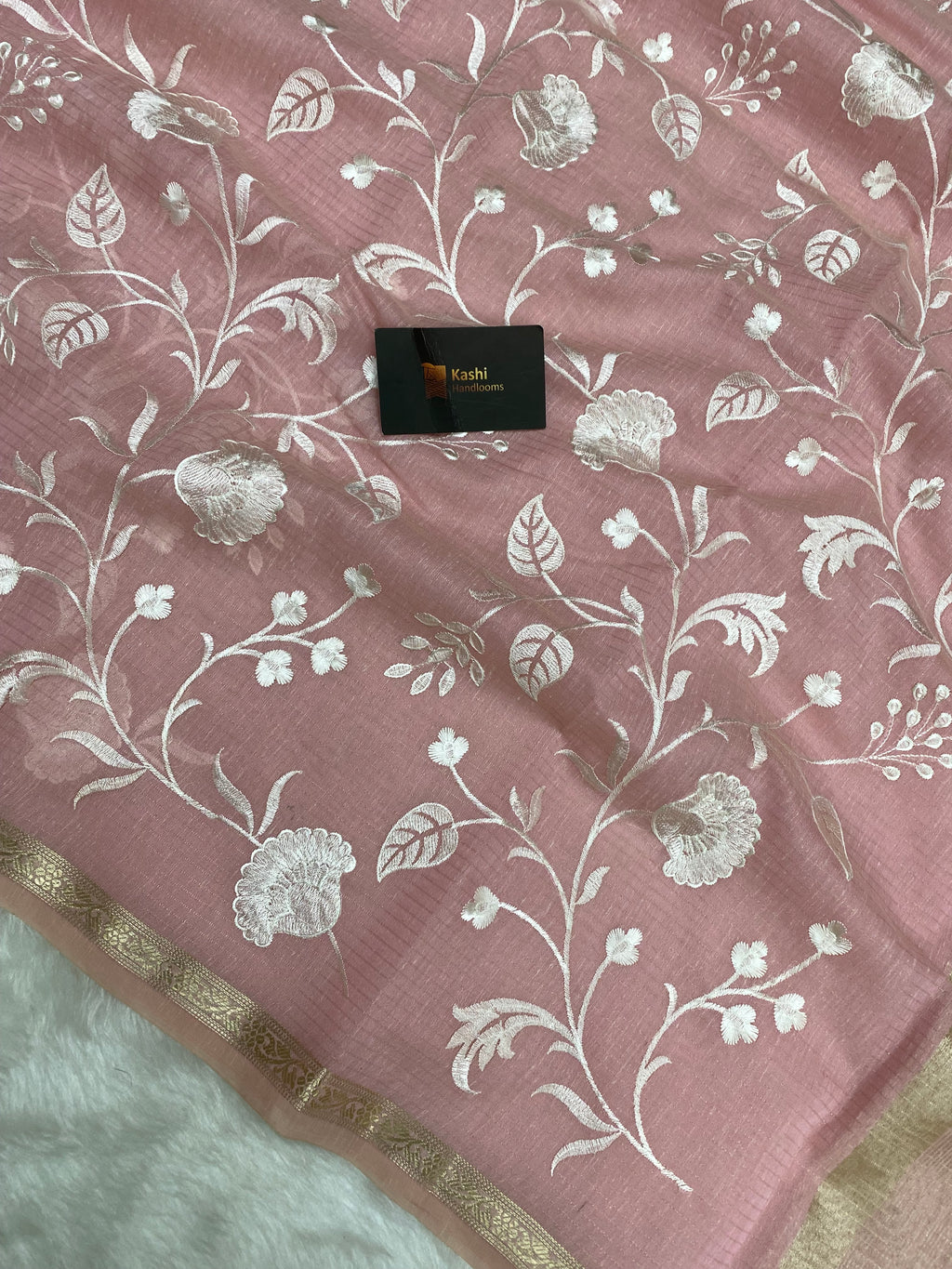 Pink linen cotton embroidery Banarasi saree