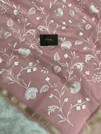 Pink linen cotton embroidery Banarasi saree