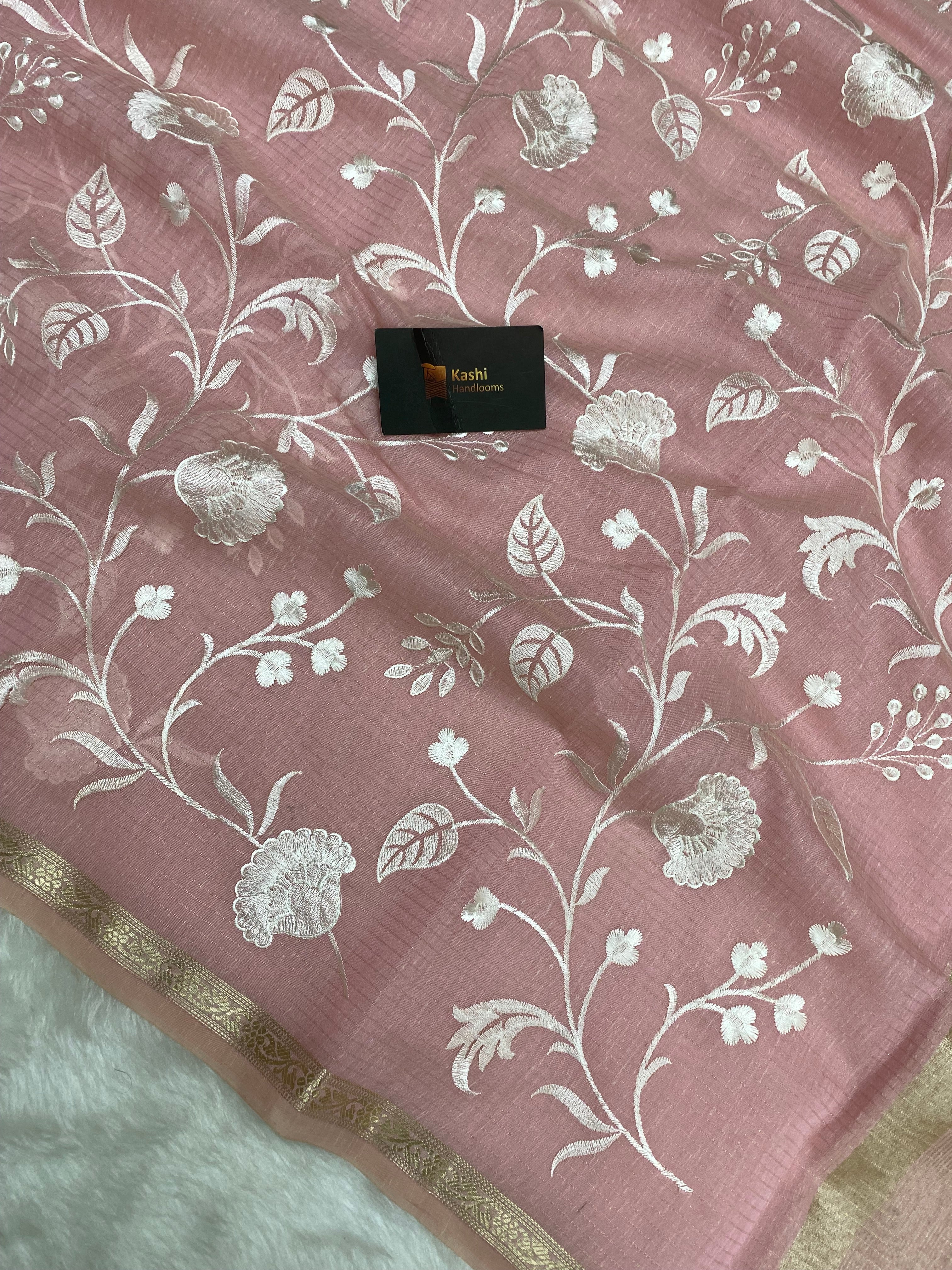Pink linen cotton embroidery Banarasi saree