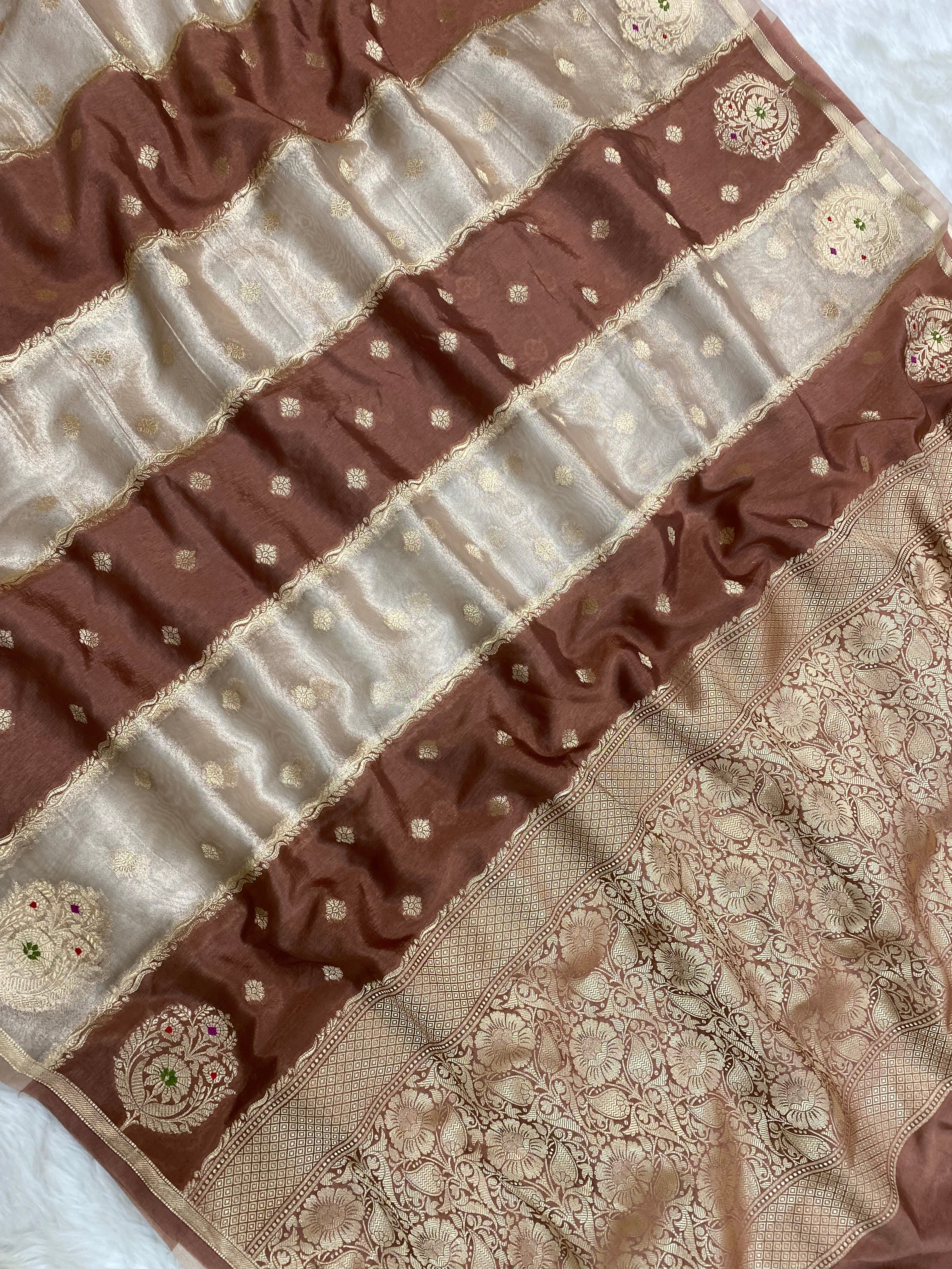 Brown Raw Mango Tissue Silk Banarasi Saree