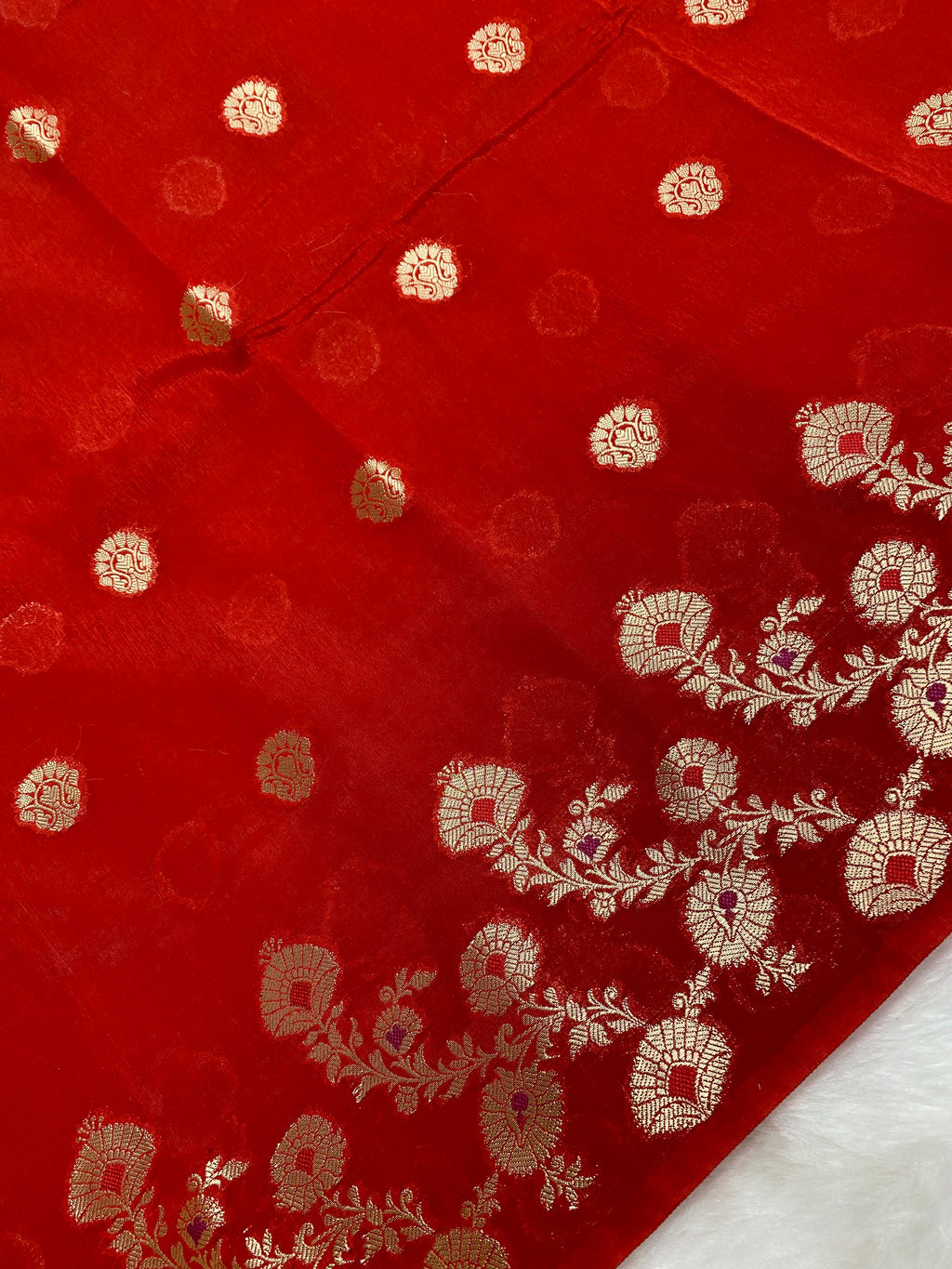 Red semi Raw mango Banarasi saree