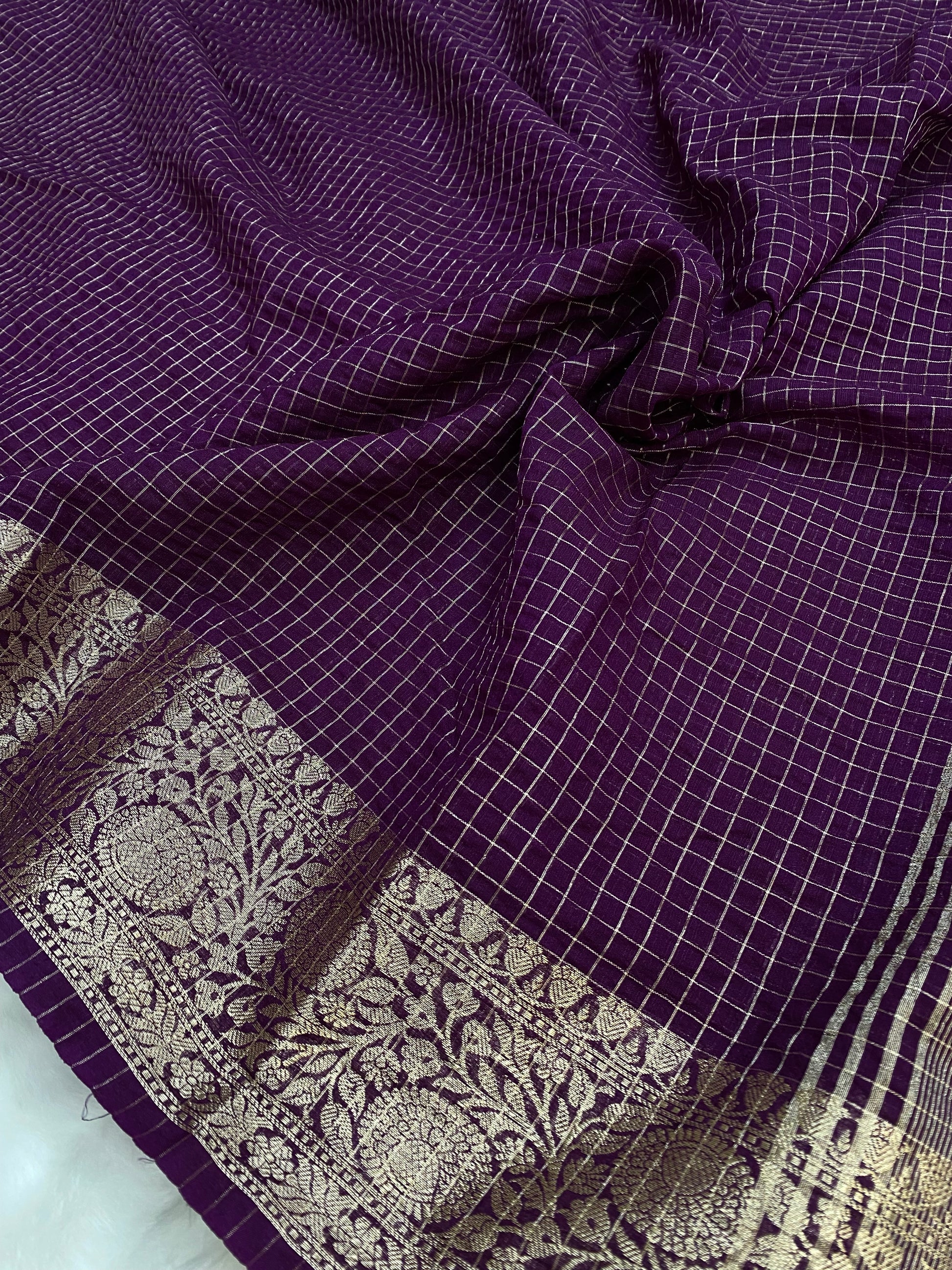 Magenta Fancy Check Cotton Banarasi Saree