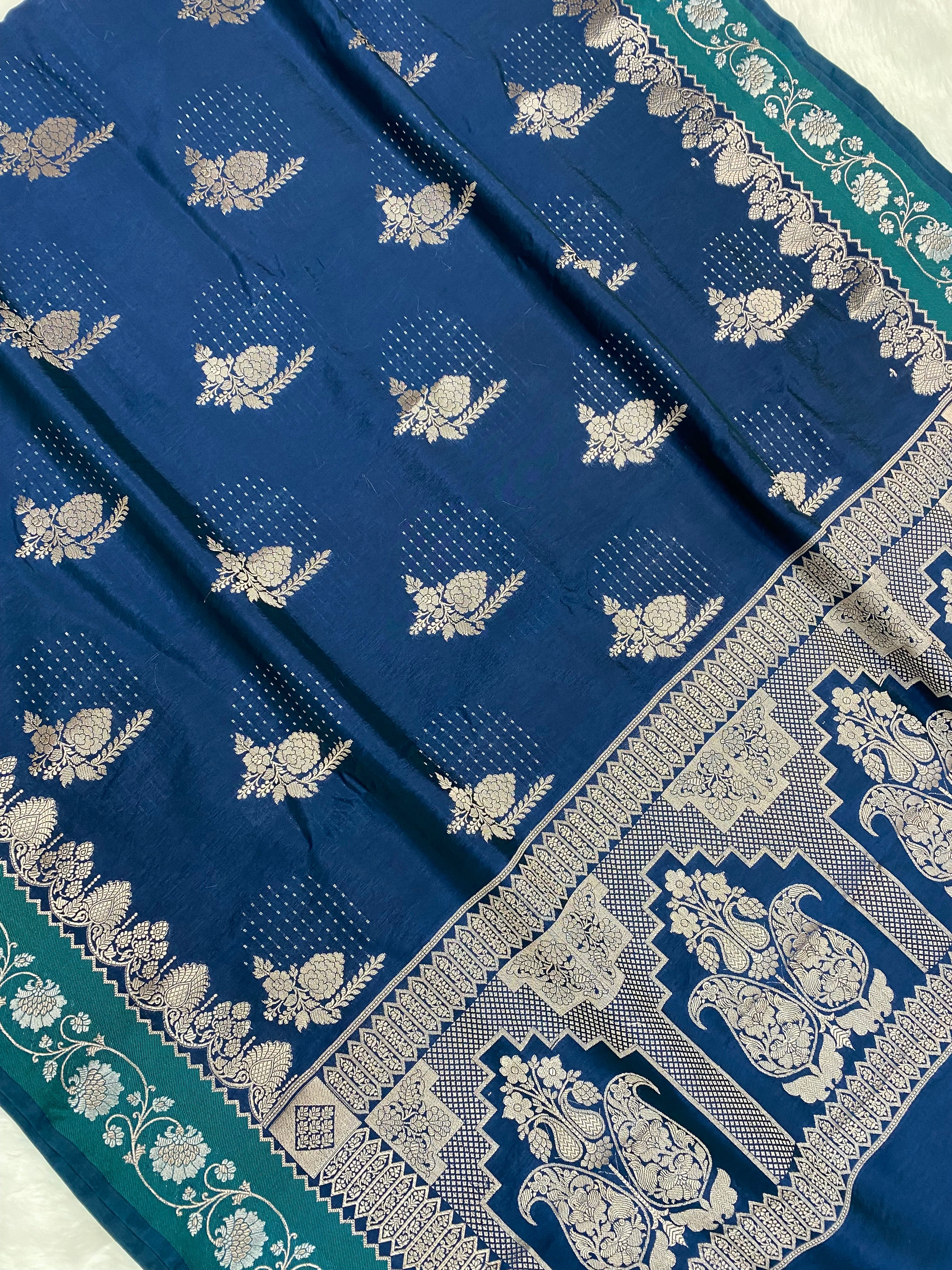 Jerman Blue Raw Mango silk Banarasi Saree