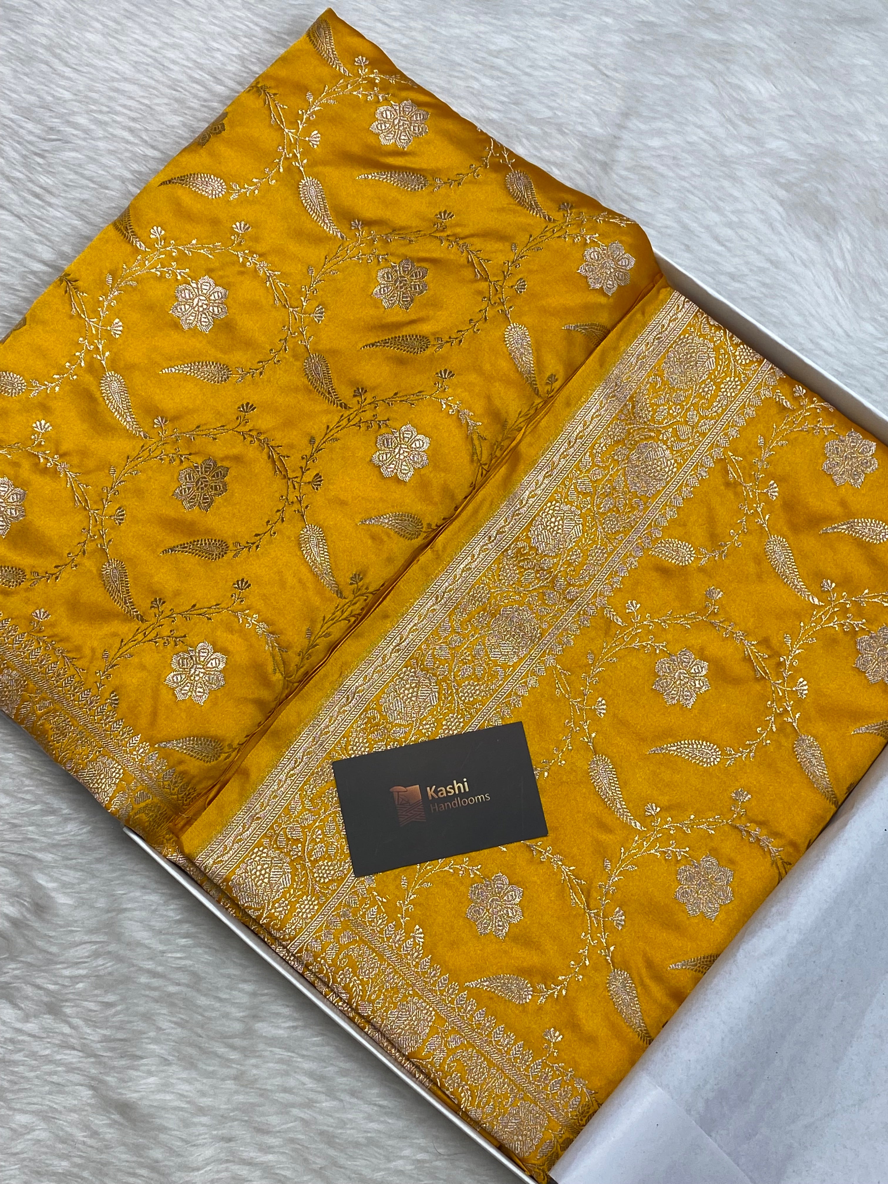 Mustard colour mashru silk banarasi saree