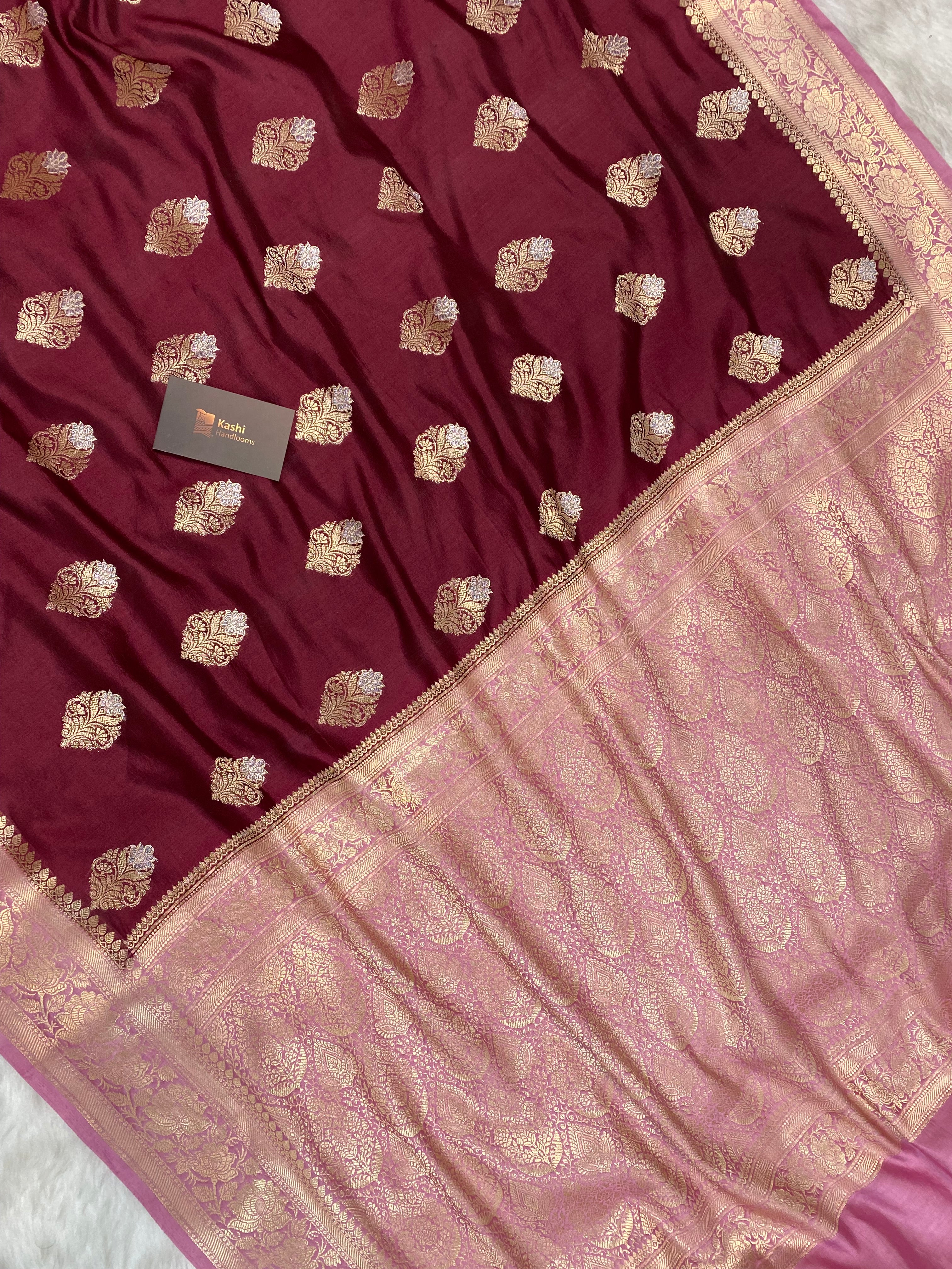 100% Pure chinya banarasi saree in wine colour