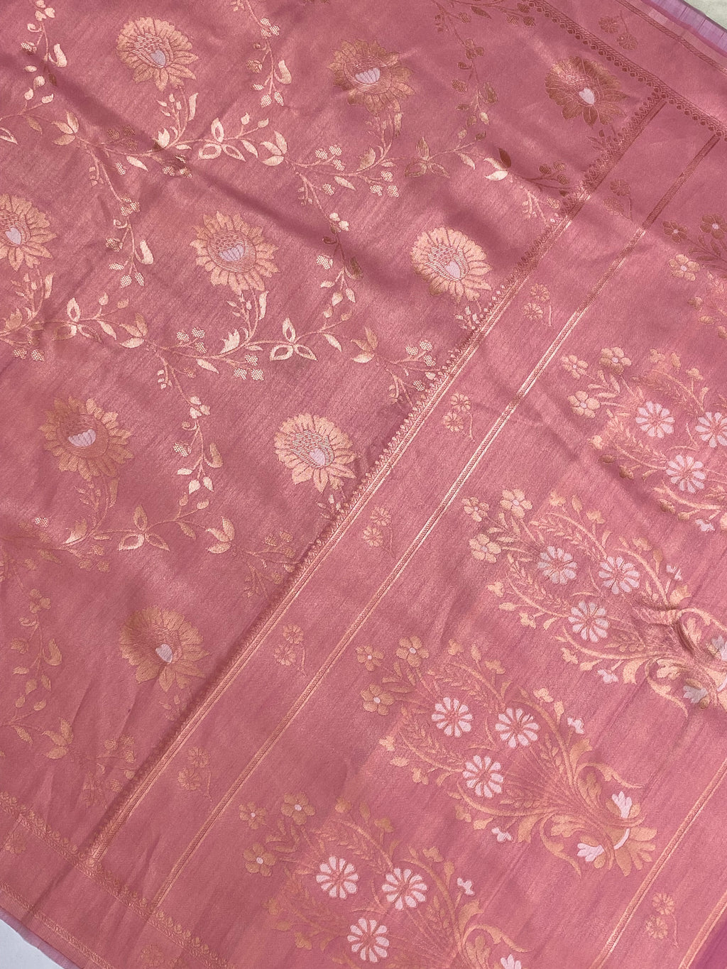 Soft Peach Cotton Jangla Design Banarasi Saree