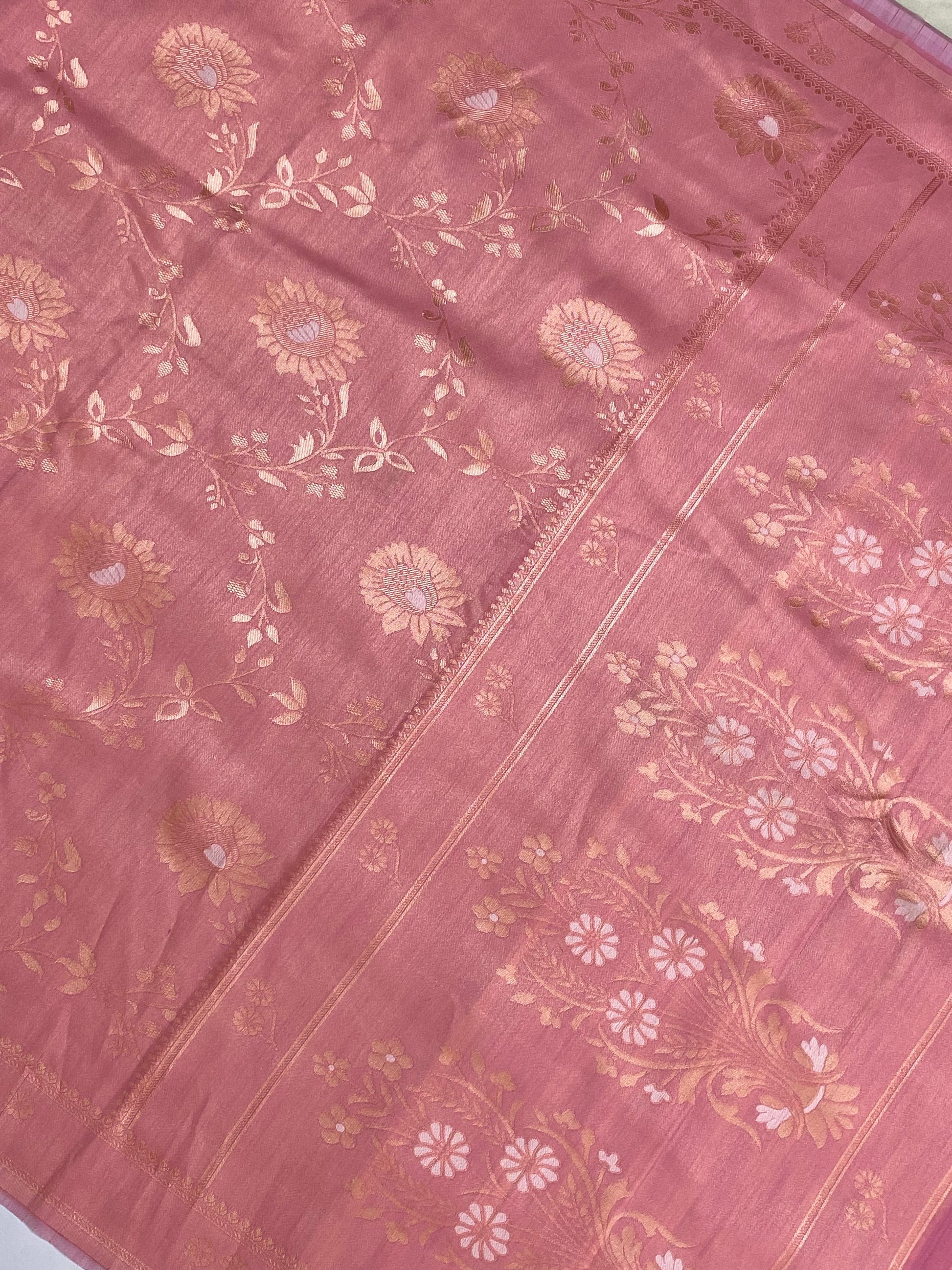 Soft Peach Cotton Jangla Design Banarasi Saree