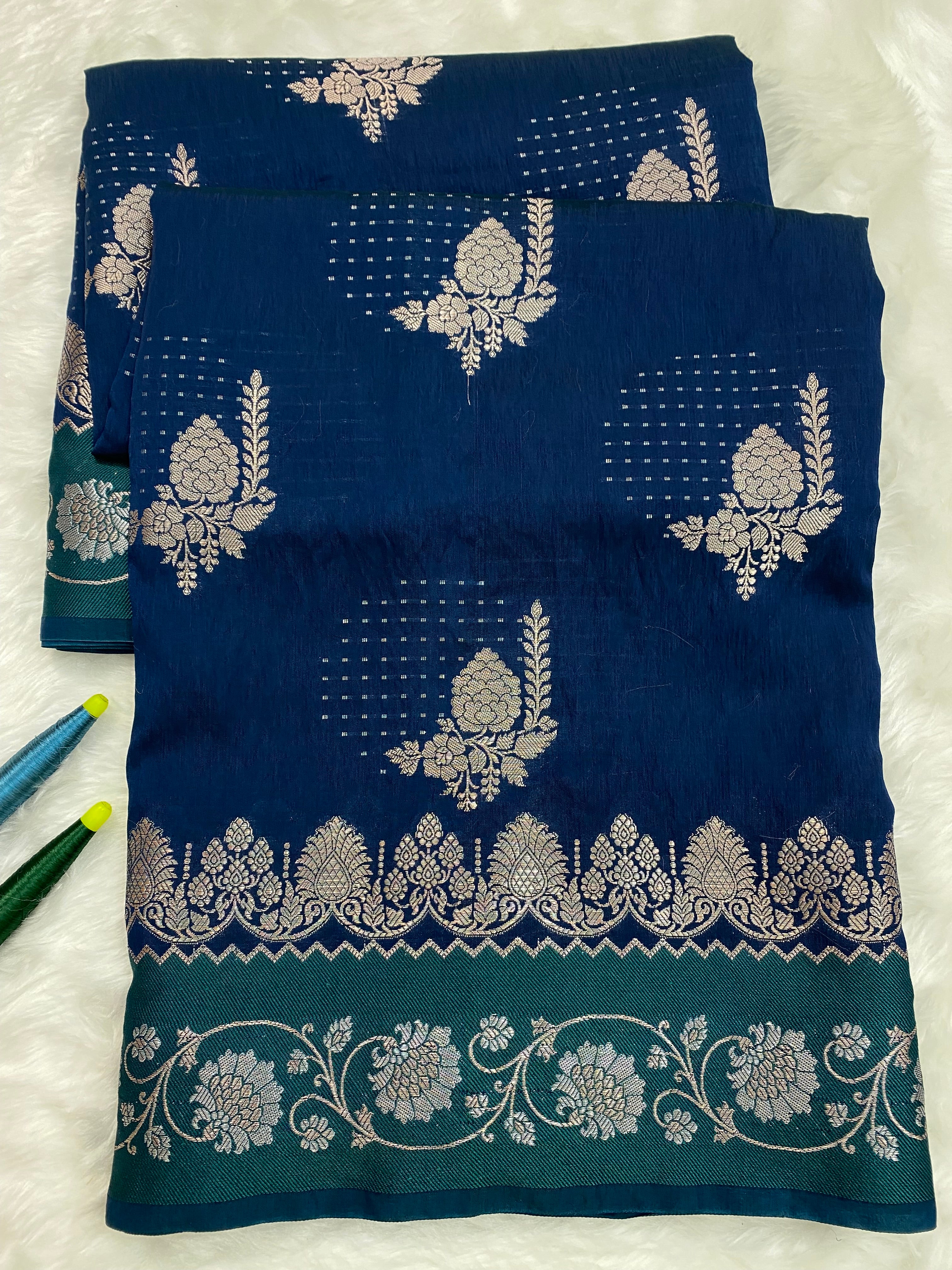 Jerman Blue Raw Mango silk Banarasi Saree