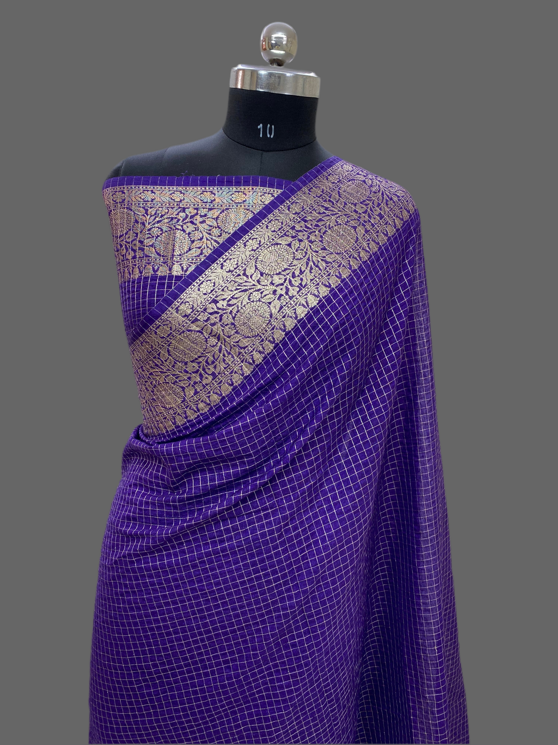 Purple Cotton Check Banarasi Saree