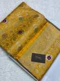 Yellow kinkhaab Mashru Silk Banarasi Saree – Golden Zari Floral & Meenakari Pattern