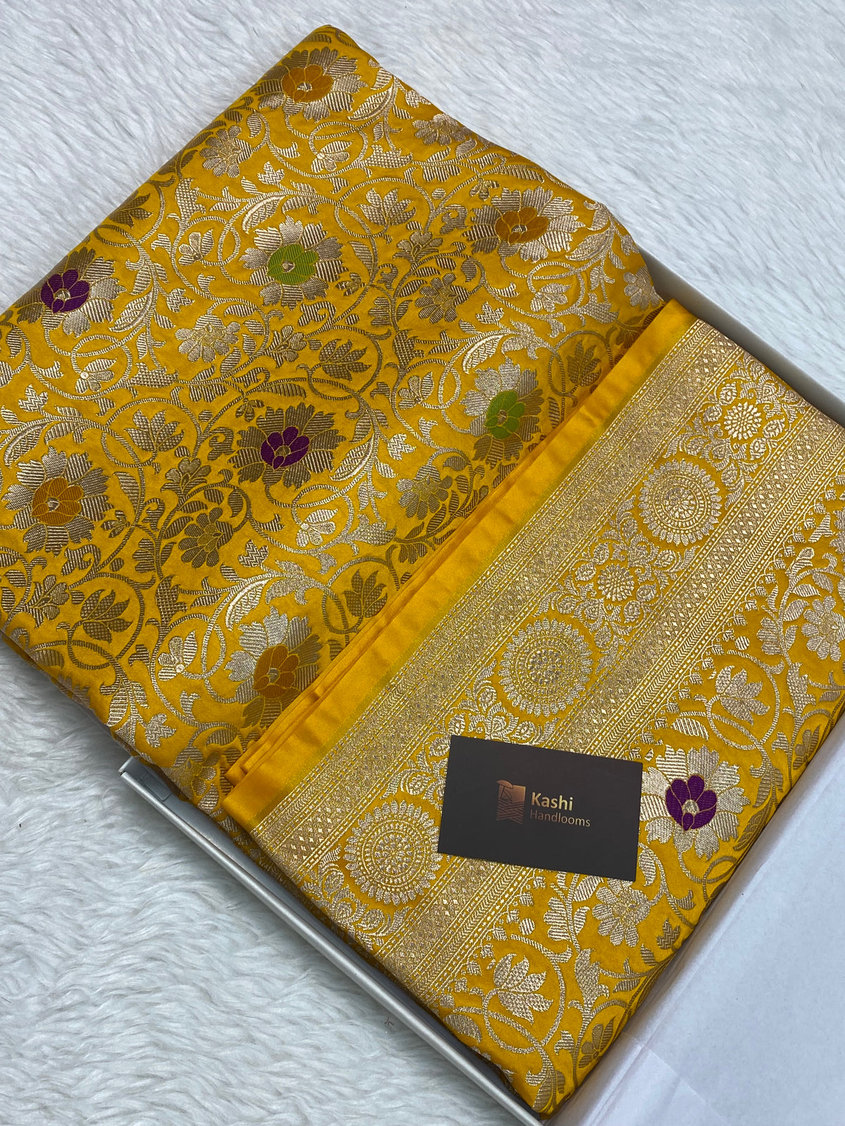 Yellow kinkhaab Mashru Silk Banarasi Saree – Golden Zari Floral & Meenakari Pattern
