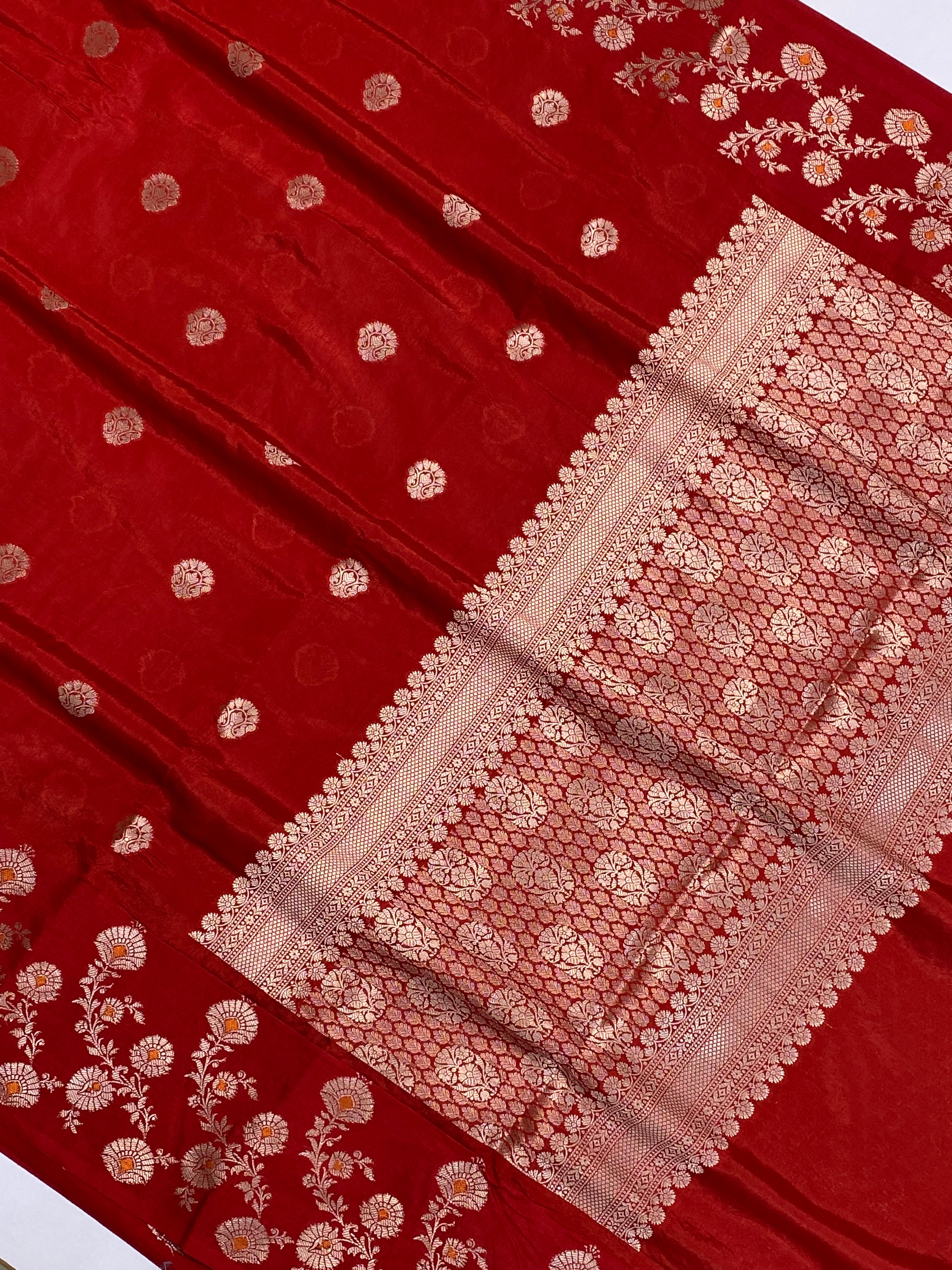 Red semi Raw Mango Border Buta Banarasi Saree with Golden Zari