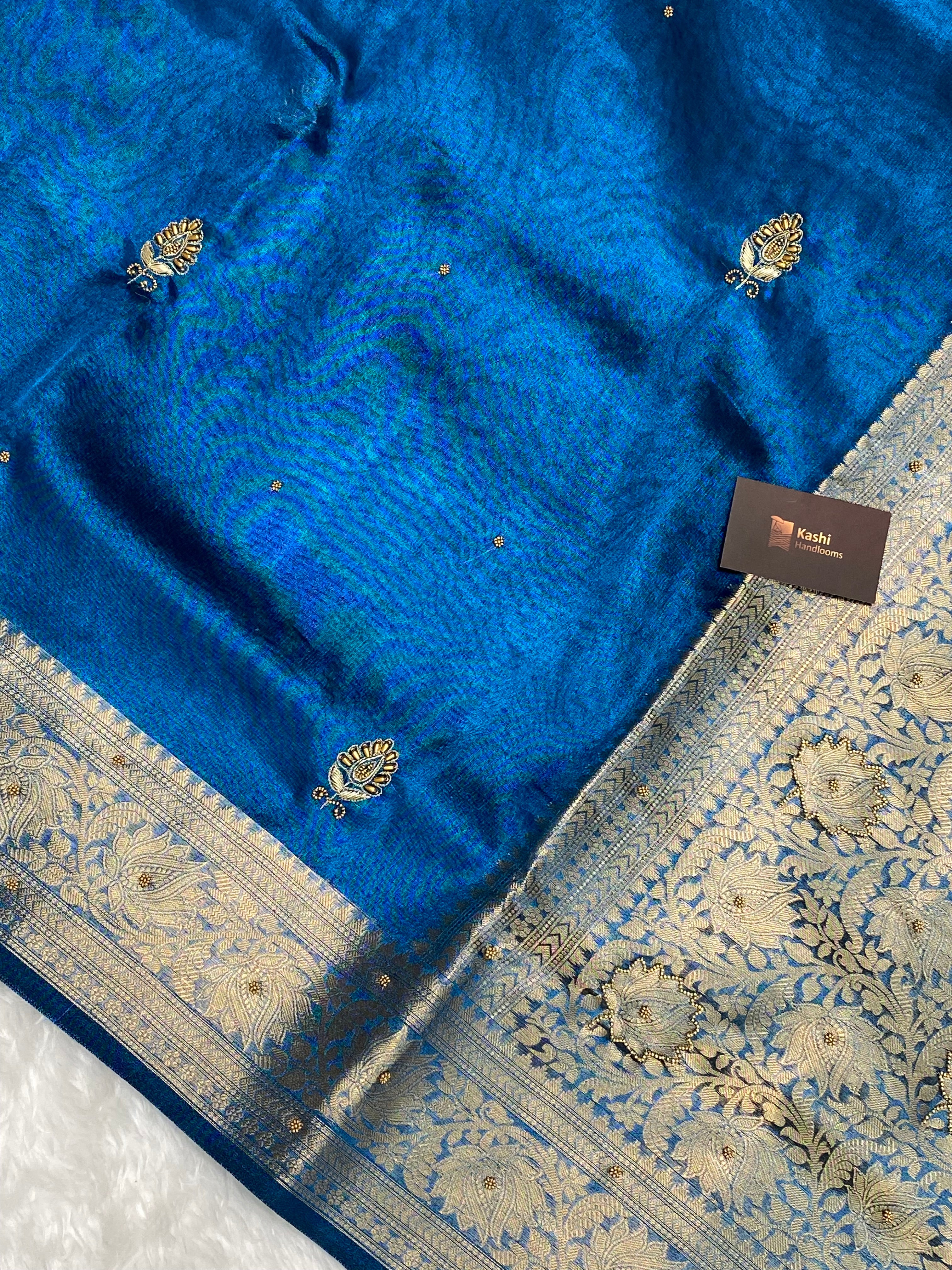 Premium blue colour Dhoop chaw tissue silk Banarasi saree with handwork