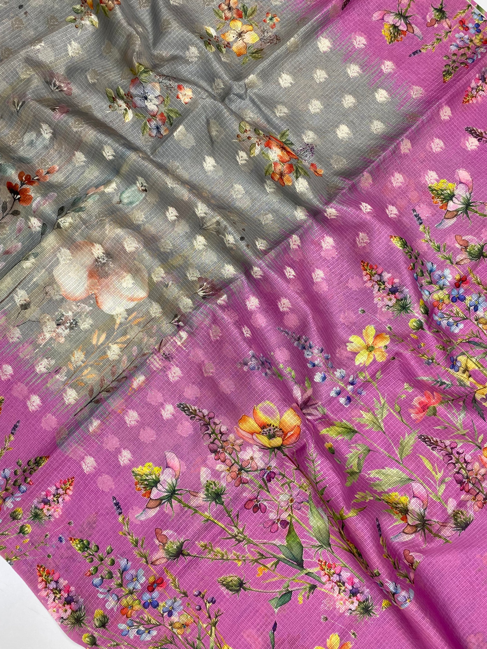 Grey Kota Cotton with Digital Print Banarasi Saree