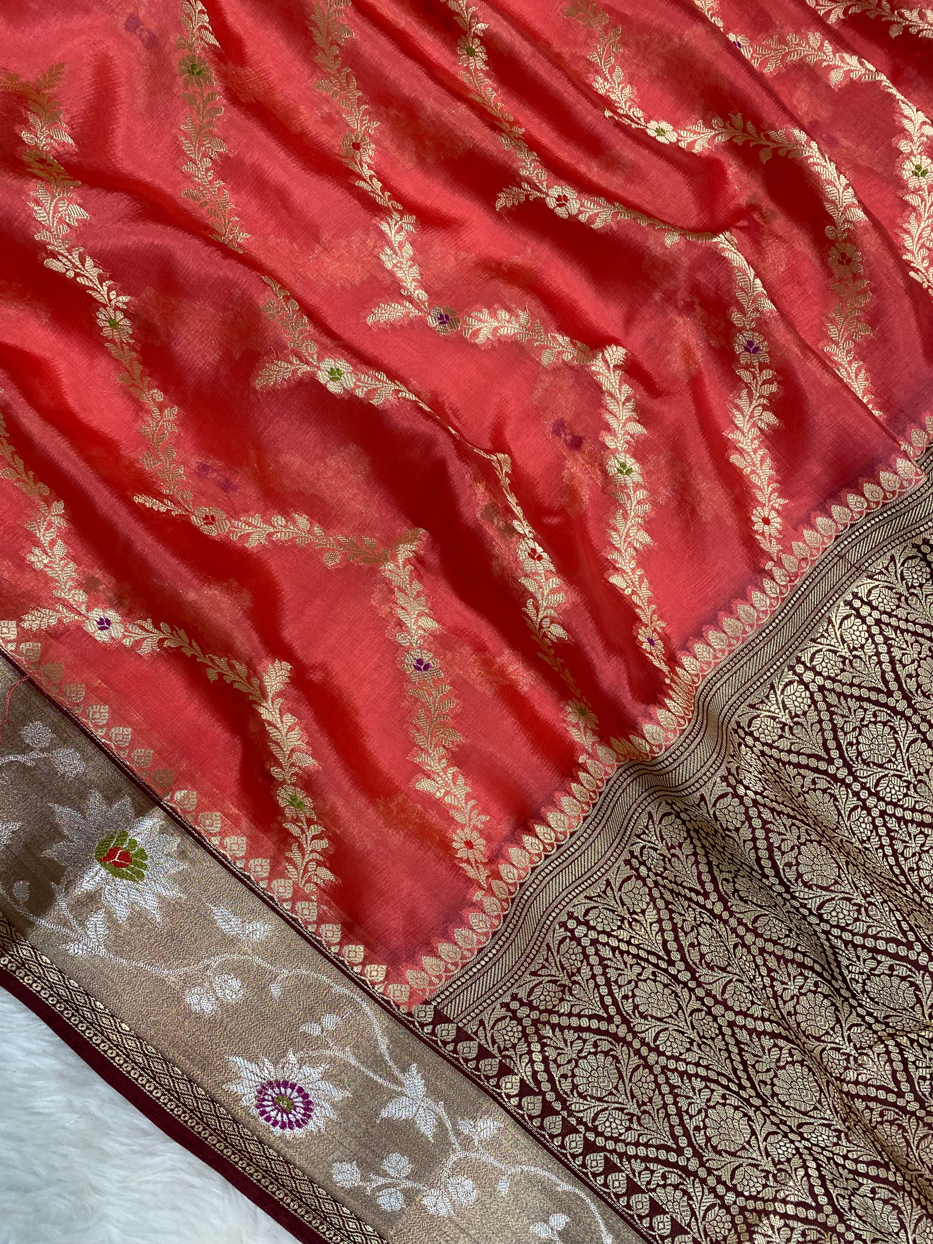 Peach semi Raw mango Banarasi saree