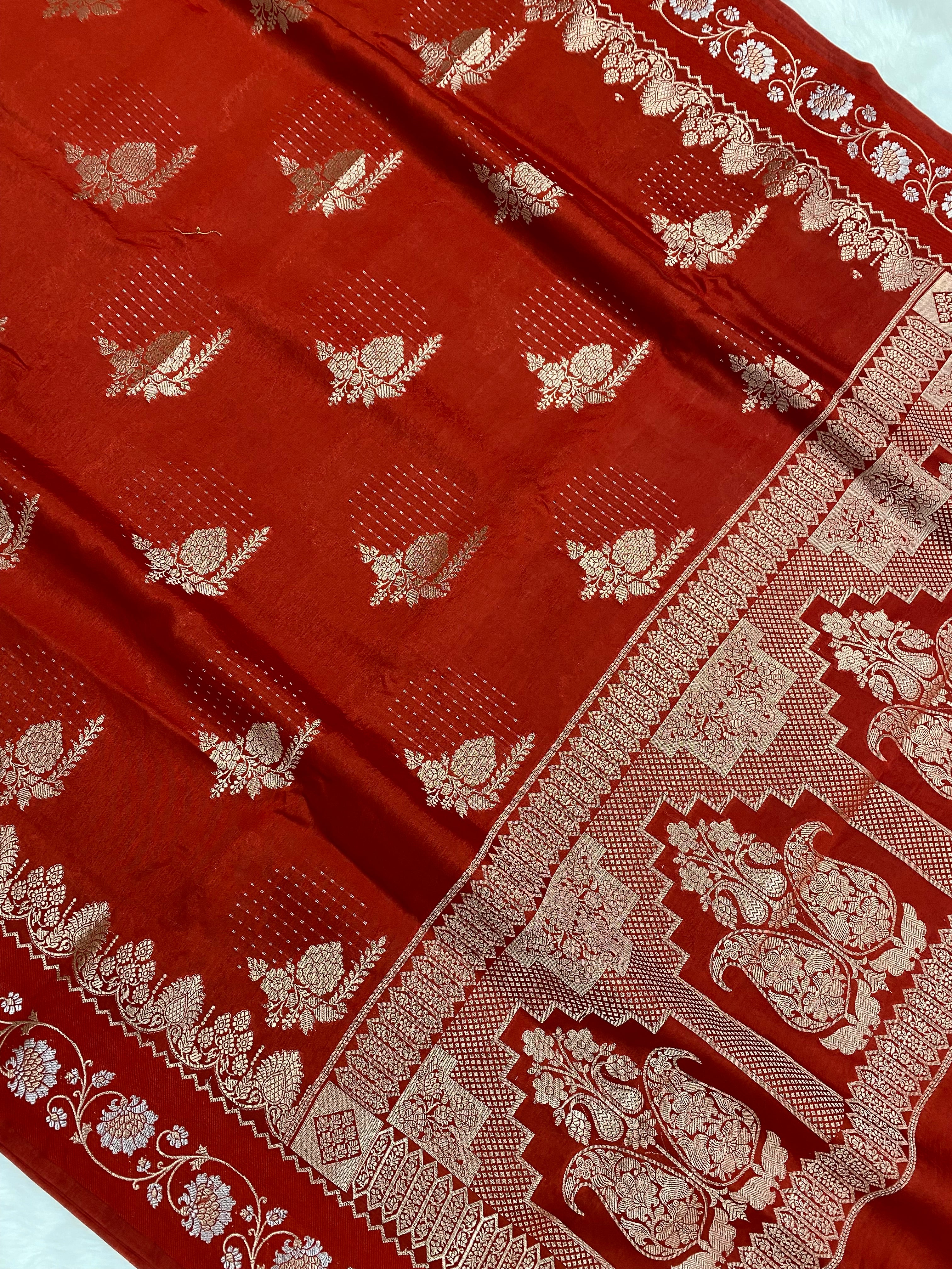 Red Semi Raw mango silk Banarasi Saree