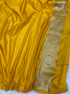 Yellow kinkhaab Mashru Silk Banarasi Saree – Golden Zari Floral & Meenakari Pattern