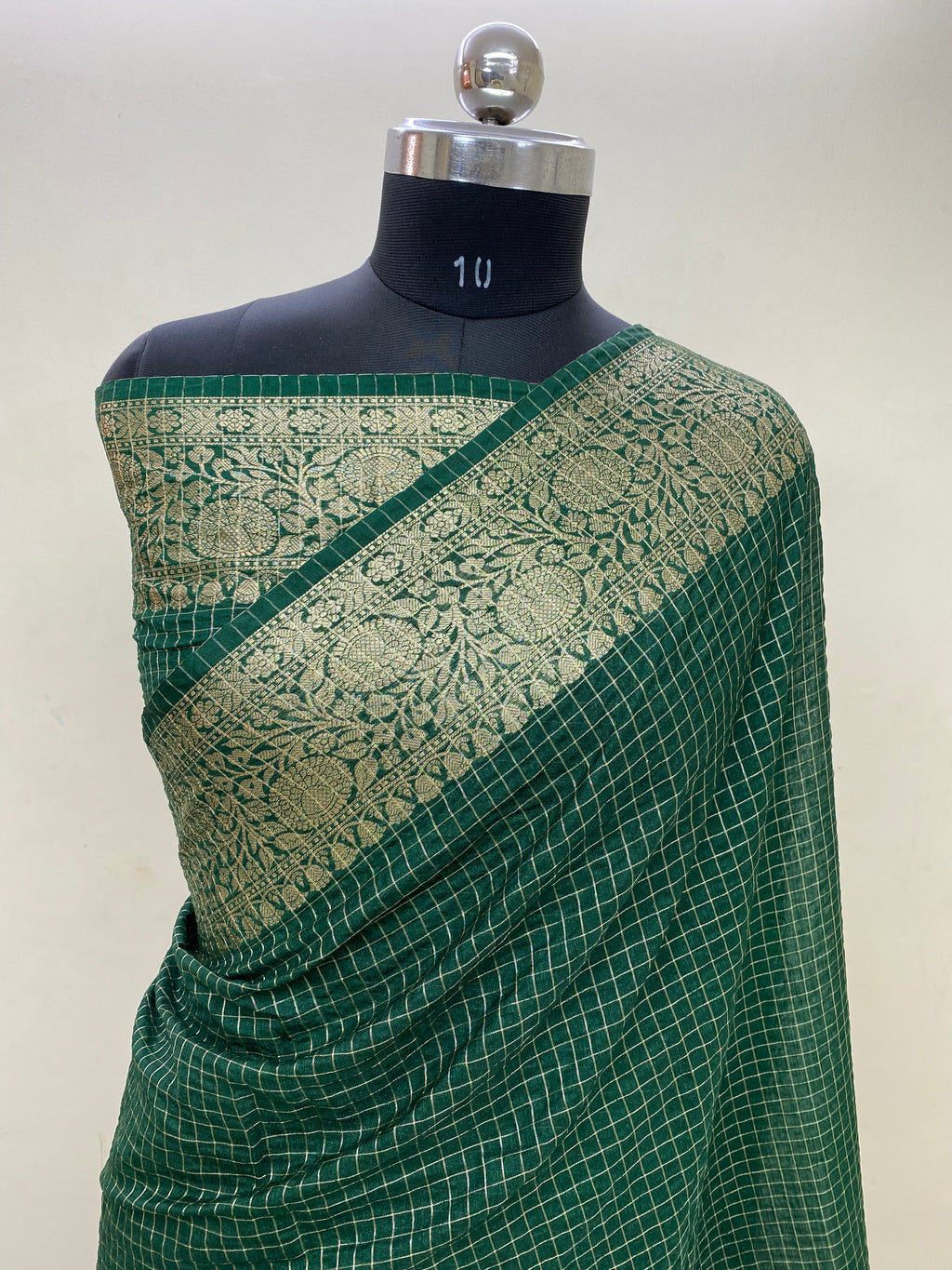 Green Cotton Check Banarasi Saree