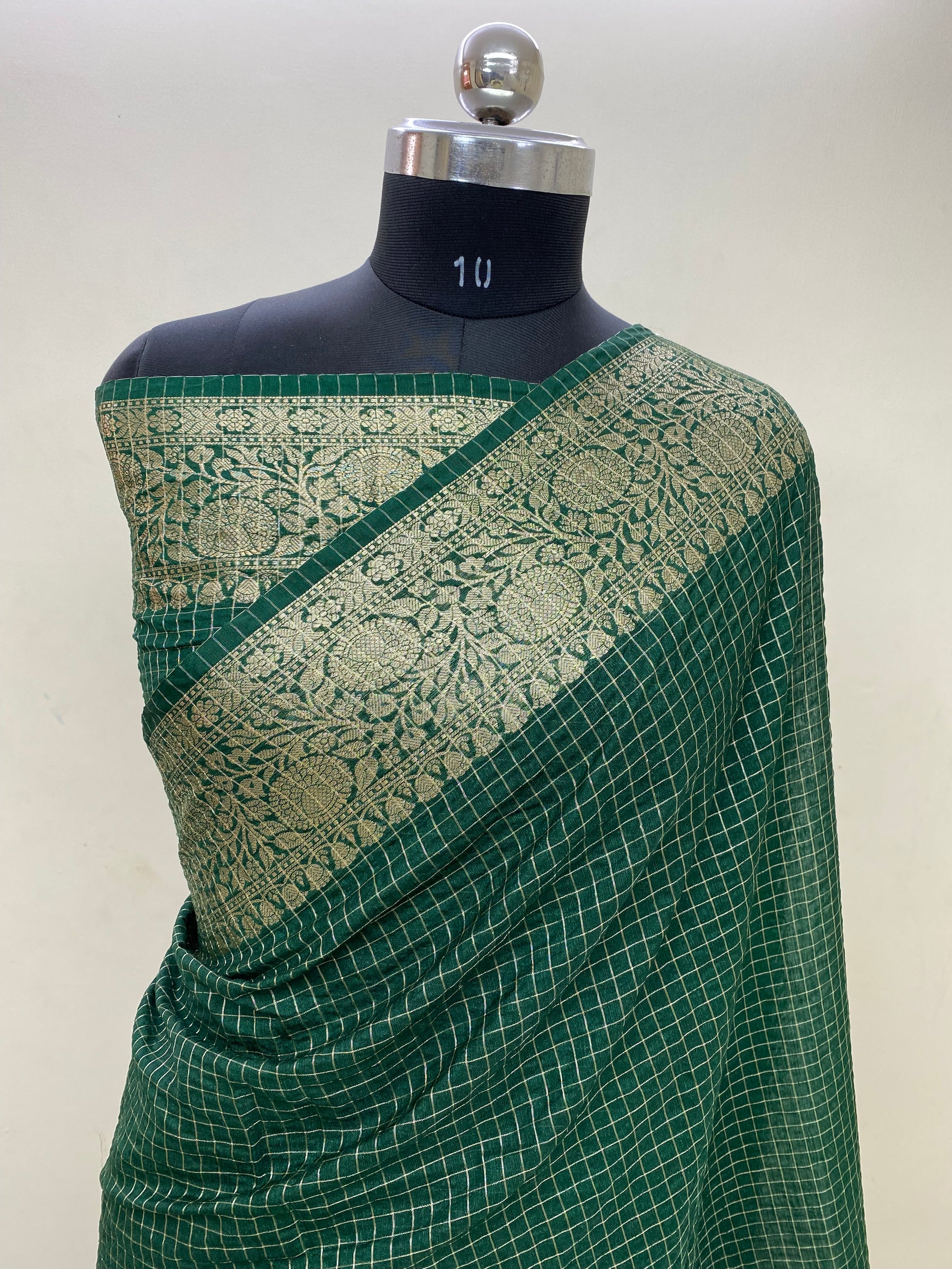 Green Cotton Check Banarasi Saree