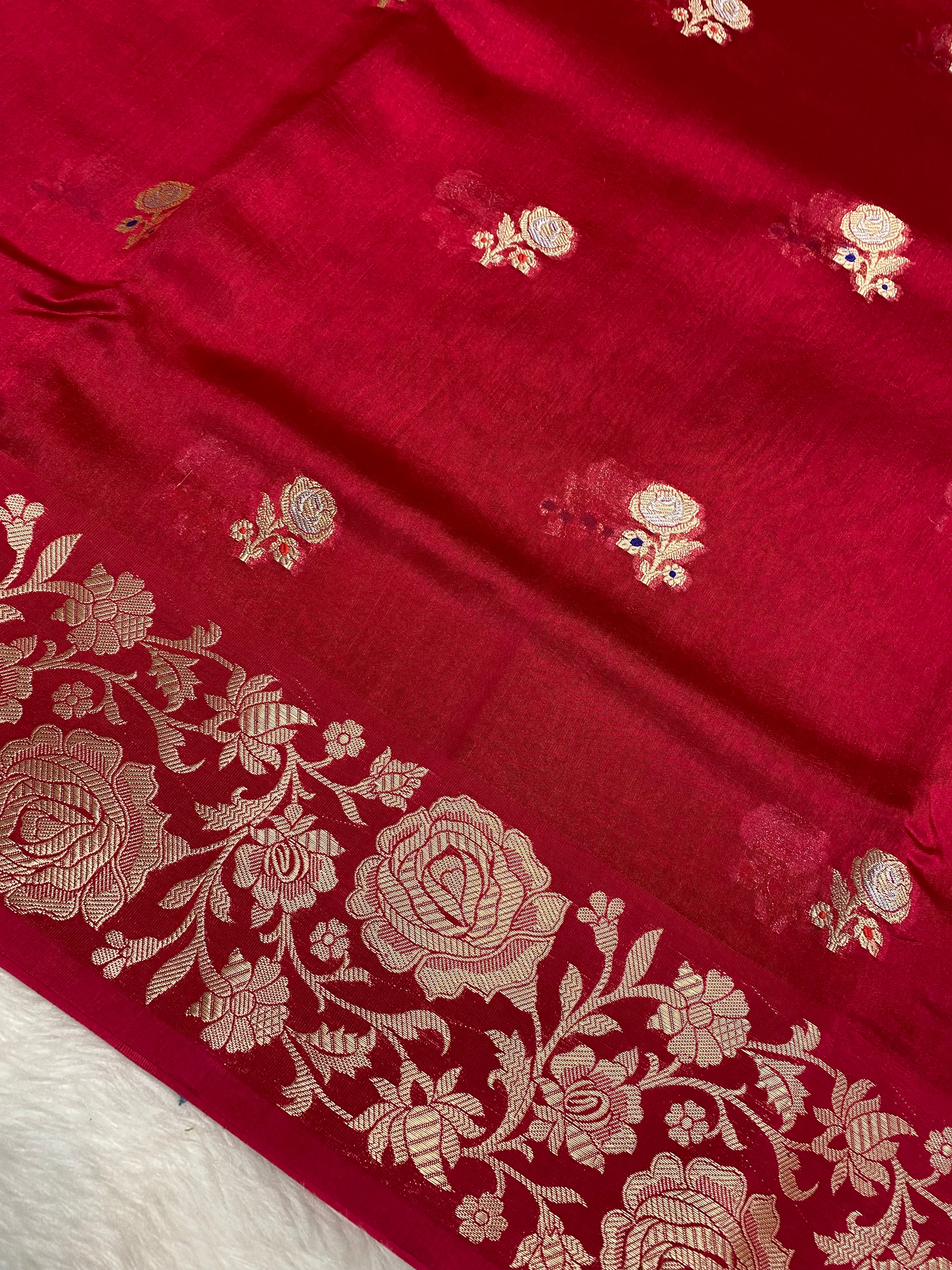 100% pure viscose Cherry Rani color Banarasi Saree