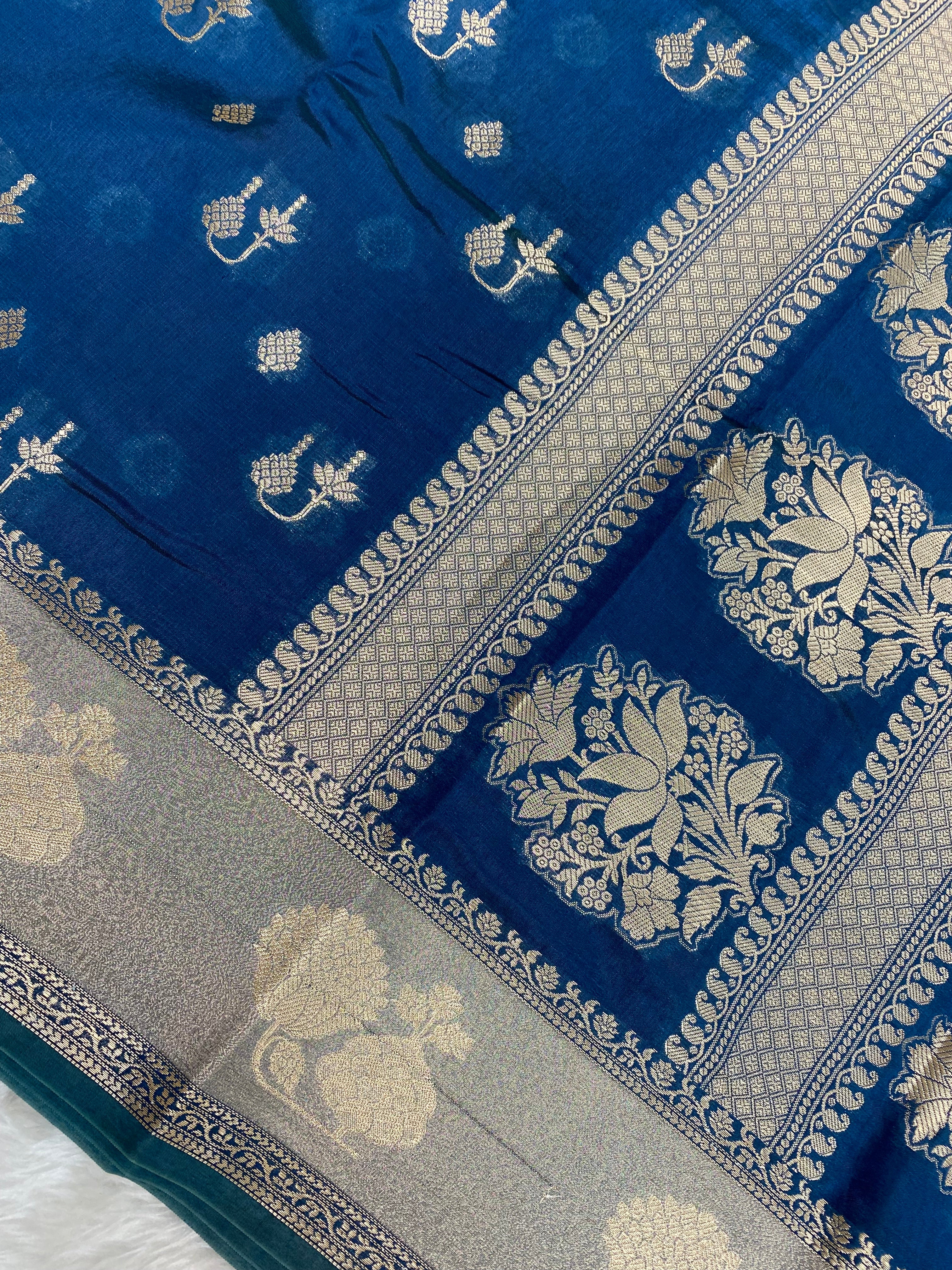 Viscose Raw mango jerman blue Banarasi saree