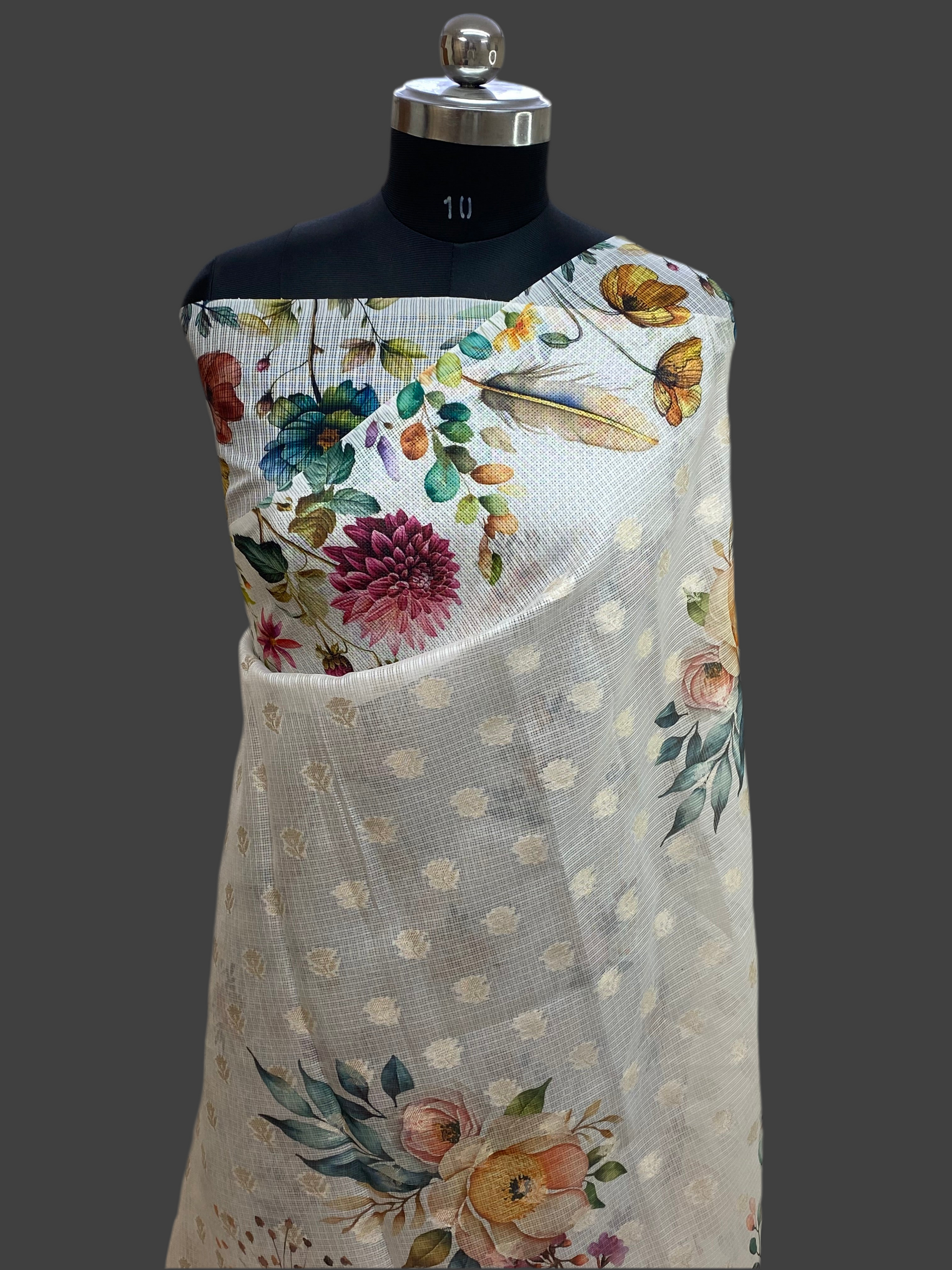 White Kota Check with Digital Print Banarasi Saree