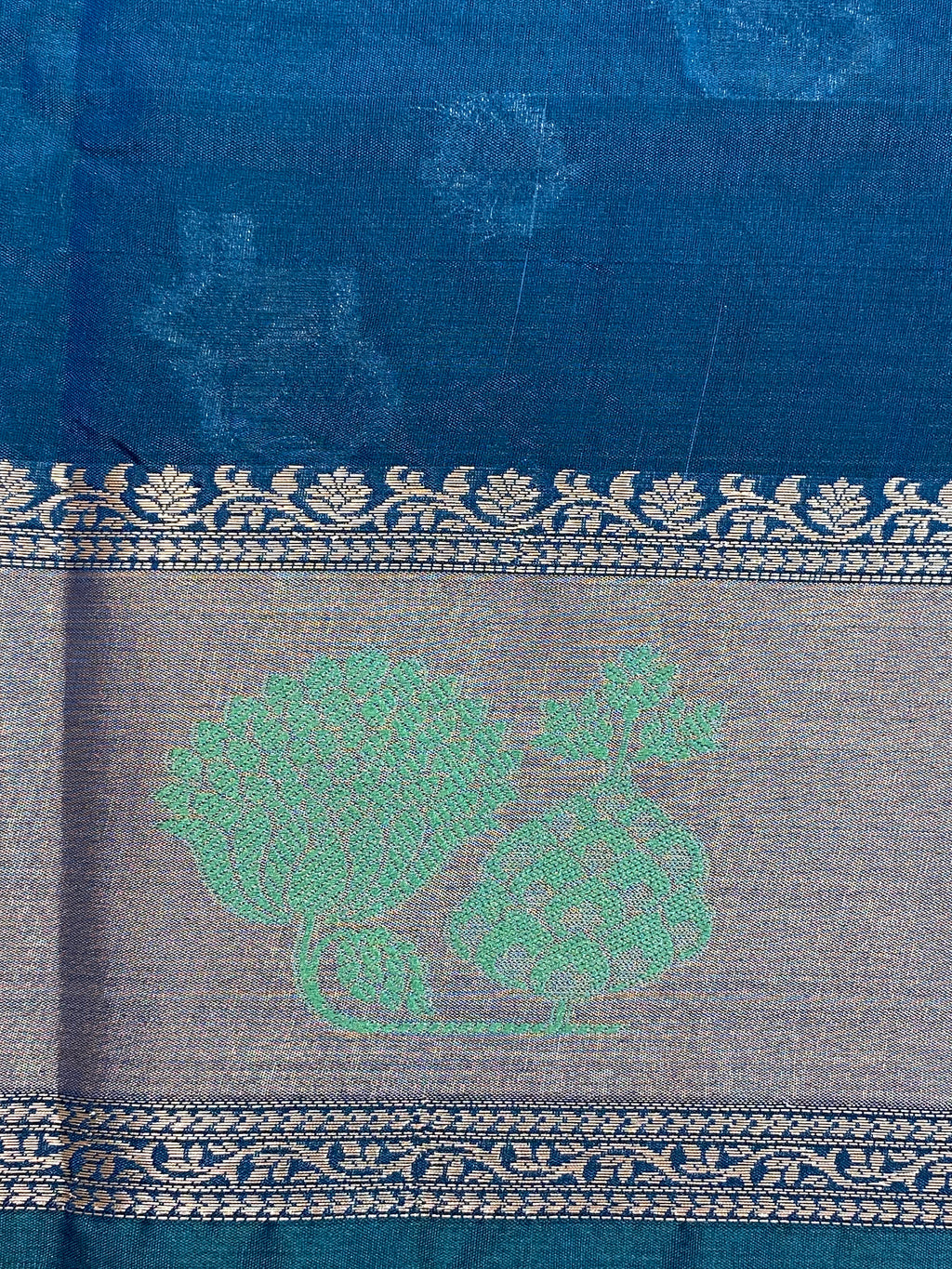 Jermon blue Raw Mango Border Buta with Golden Zari Banarasi Saree
